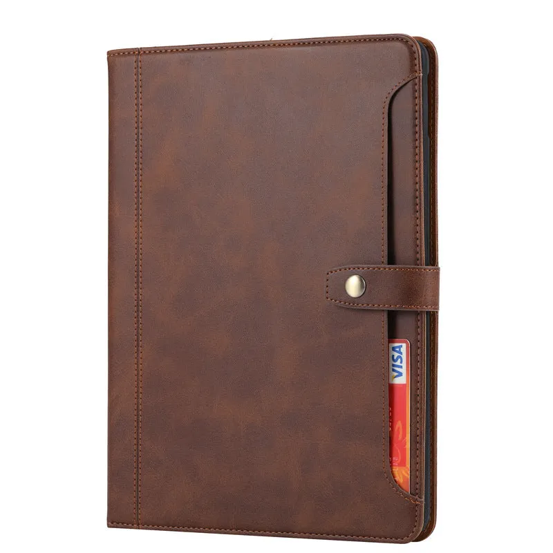 Leather Business Folio Tablet Case with Built-in Pencil Holder Auto Wake Sleep For iPad