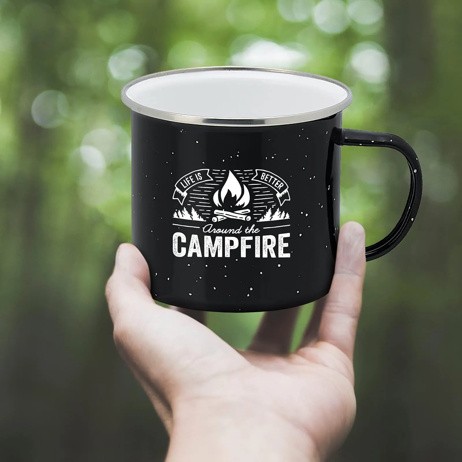 Life is Better Around the Campfire Tin Enamel Camping Coffee Mug (Midnight Black, 15 Ounce)