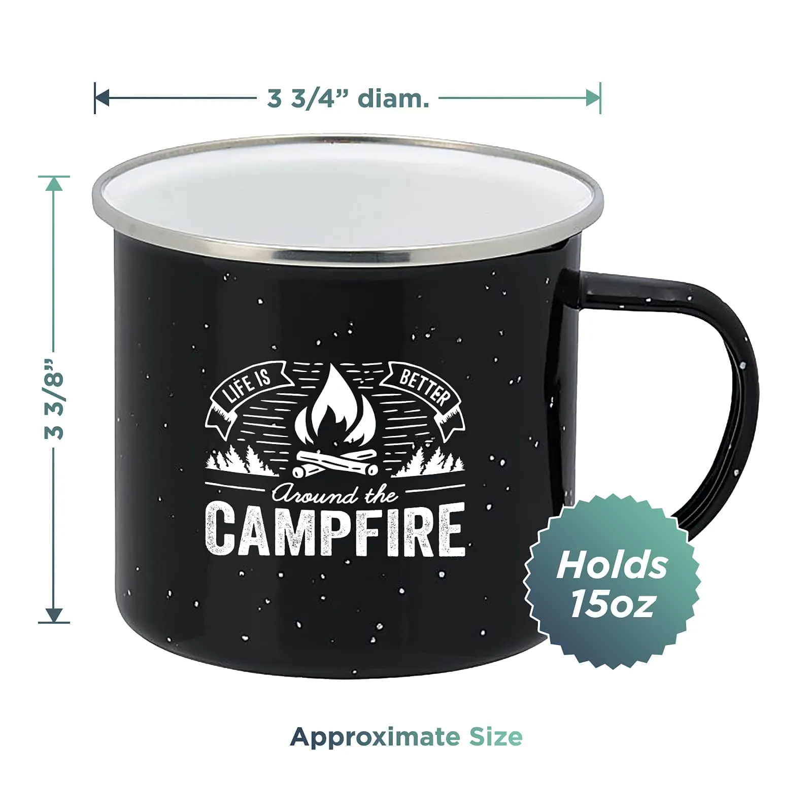 Life is Better Around the Campfire Tin Enamel Camping Coffee Mug (Midnight Black, 15 Ounce)