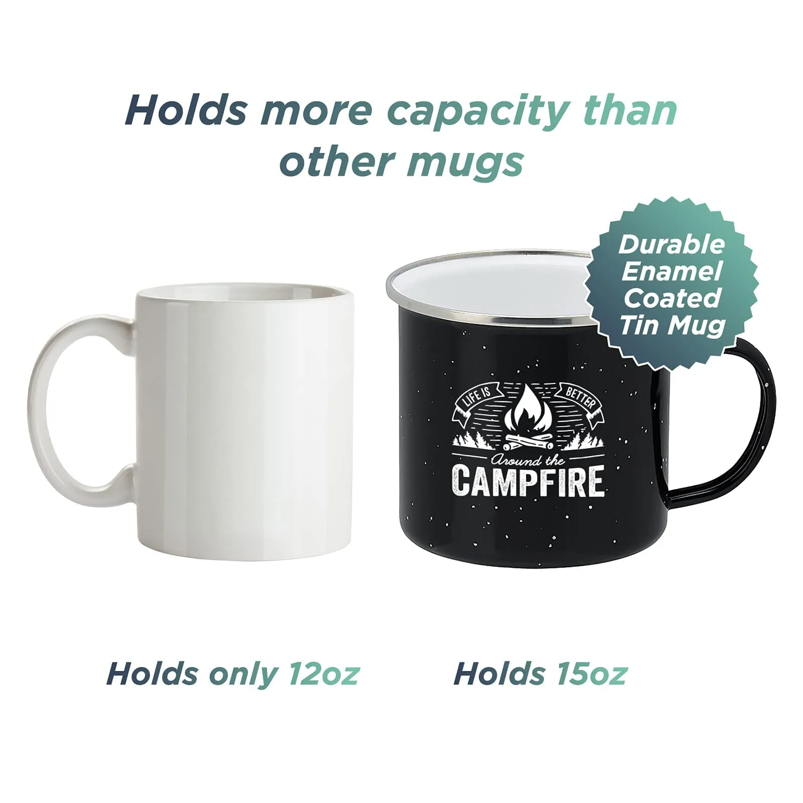 Life is Better Around the Campfire Tin Enamel Camping Coffee Mug (Midnight Black, 15 Ounce)