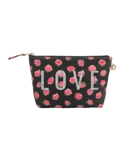 Makeup Bag: Black Floral with Silver Glitter LOVE