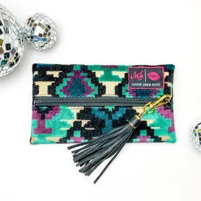 Makeup Junkie | Mini Midnight Aztec Lay Flat Bag in Turquoise Green and Black Mix