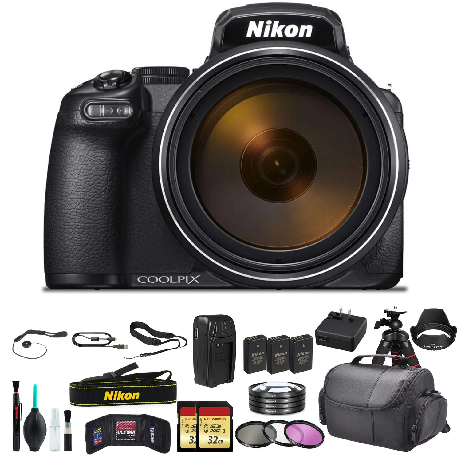 Nikon COOLPIX P1000 16.7 Digital Camera with 3.2" LCD, Black - Bundle Kit with x 32GB Memory Cards   2X Spare Batteries