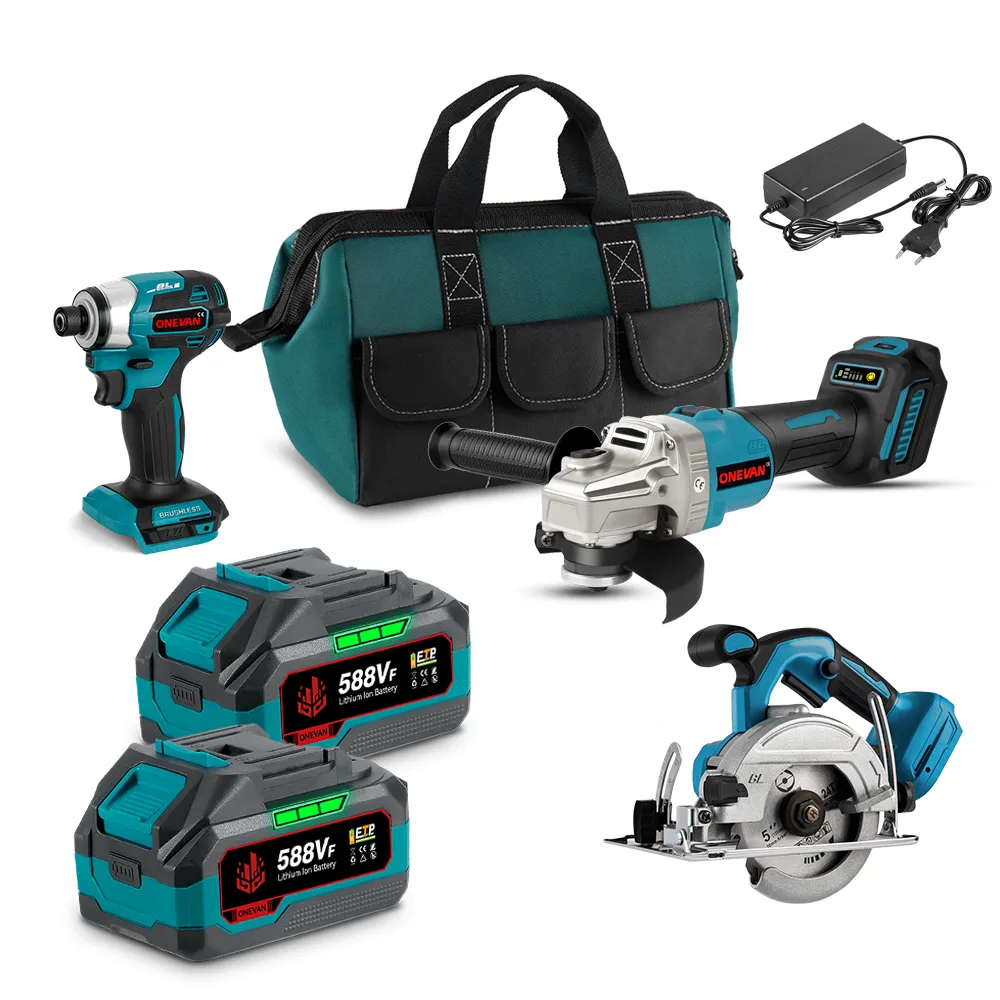 ONEVAN 125mm Circular Saw & Angle Grinder & 1/4" Screwdriver Brushless Cordless 3‑Pc. Combo Kit 6.0Ah