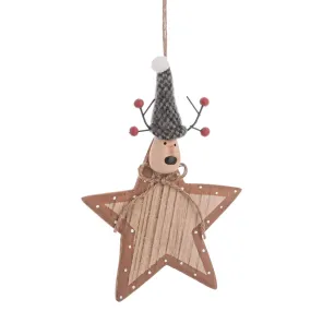 Pendaglio stella con renna in legno h 16 cm, pallina per Albero di Natale addobbi natalizi