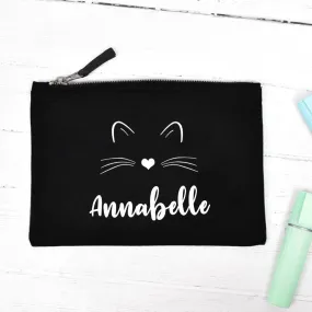 Personalised Cat Pencil Case, Child&#39;s Pencil Case, Personalised Pencil Case, Back To School, Girls Pencil Case, Black, School Sanitary Bag,