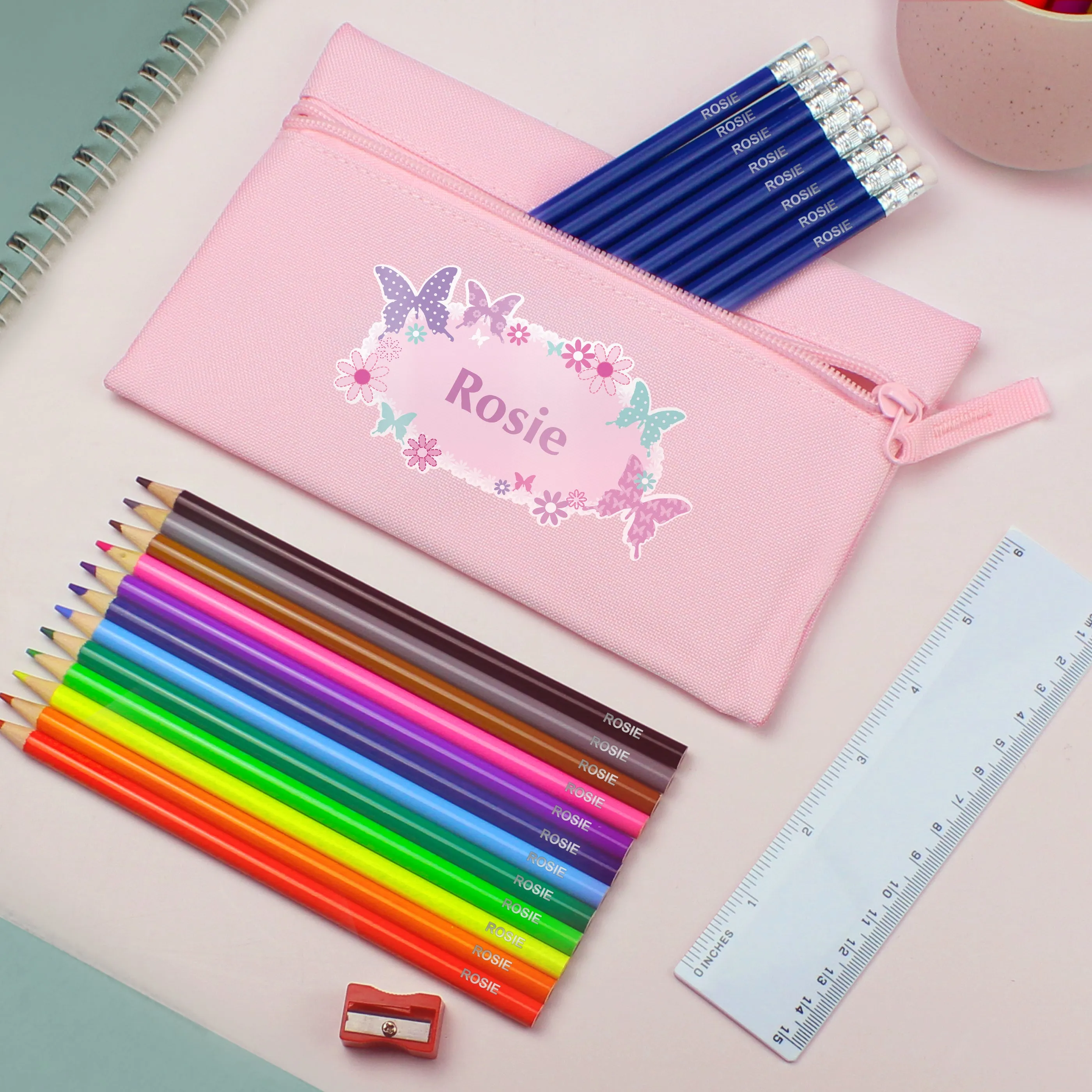 Personalised Pink Butterfly Pencil Case with Custom Pencils & Crayons