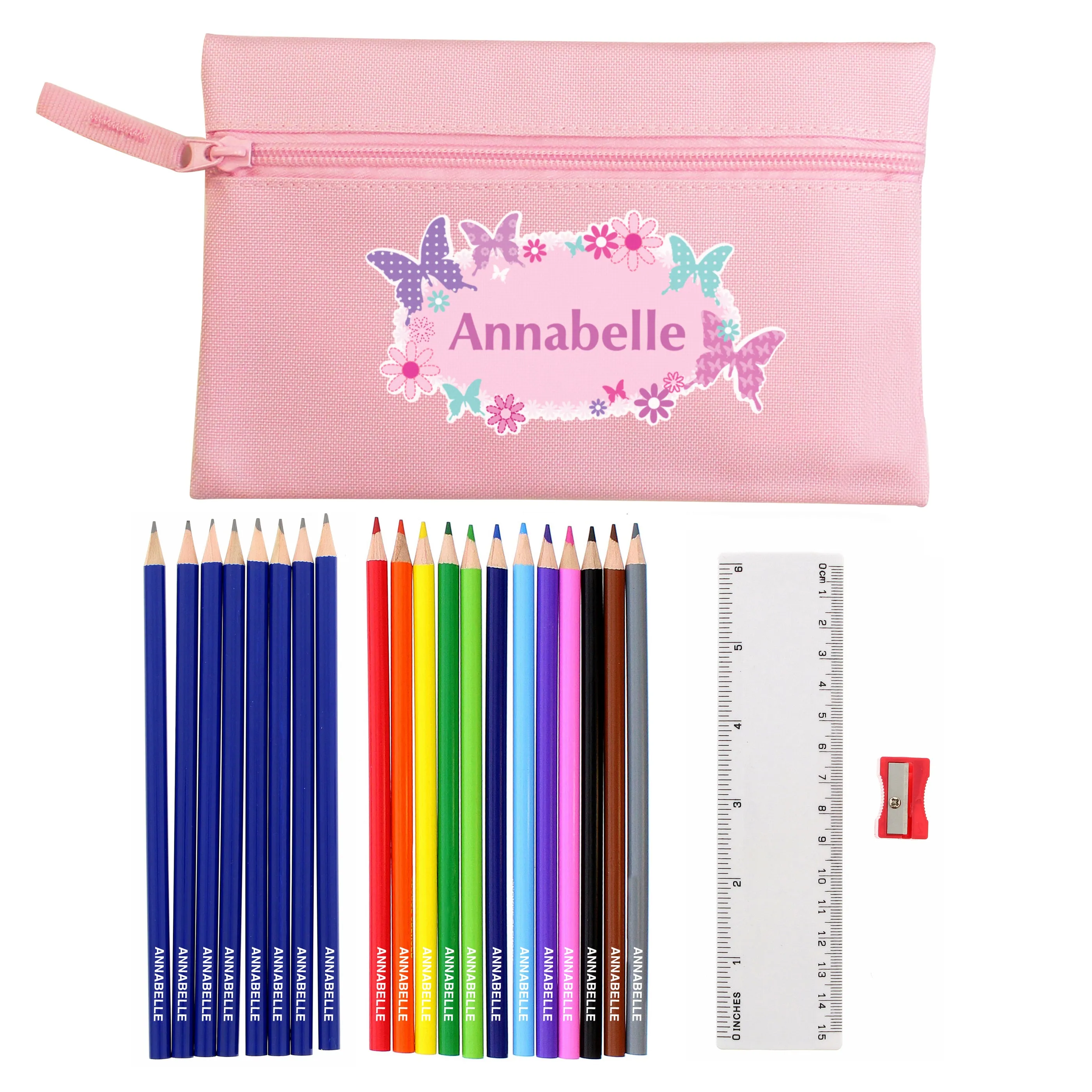 Personalised Pink Butterfly Pencil Case with Custom Pencils & Crayons