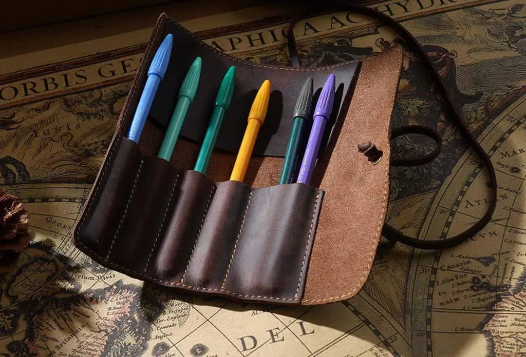 Personalized Brown Leather Pencil Roll Holder