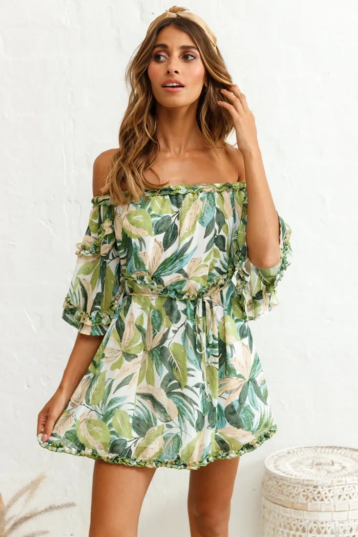 Renoir Off-Shoulder Frill Trim Dress Leaf Print White/Green