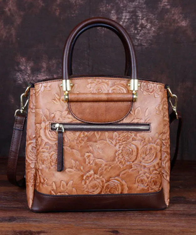 Retro Brown Embossing Paitings Calf Leather Messenger Bag