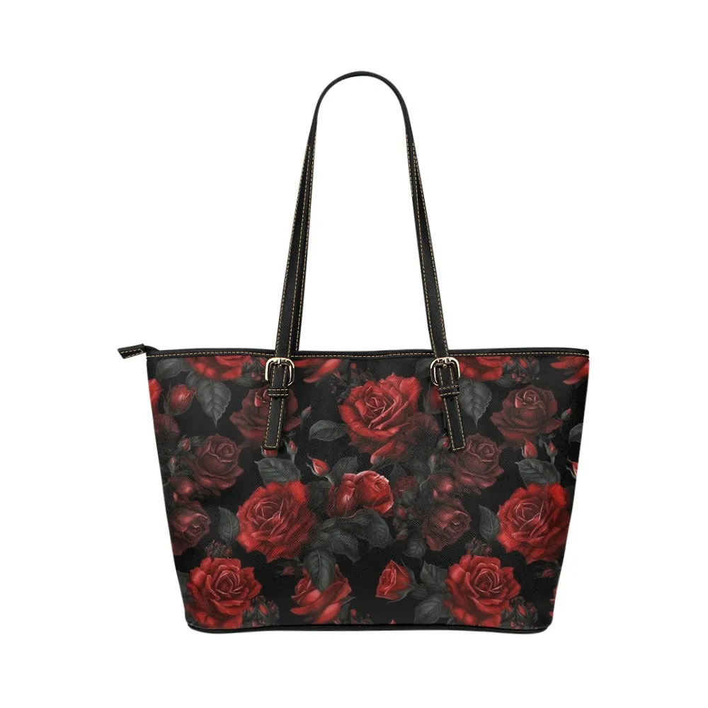 Rose Tote Bag Purse, Red Black Gothic Floral Flowers Print Handbag Women Vegan Leather Zip Top Small Large Designer Shoulder Work Ladies