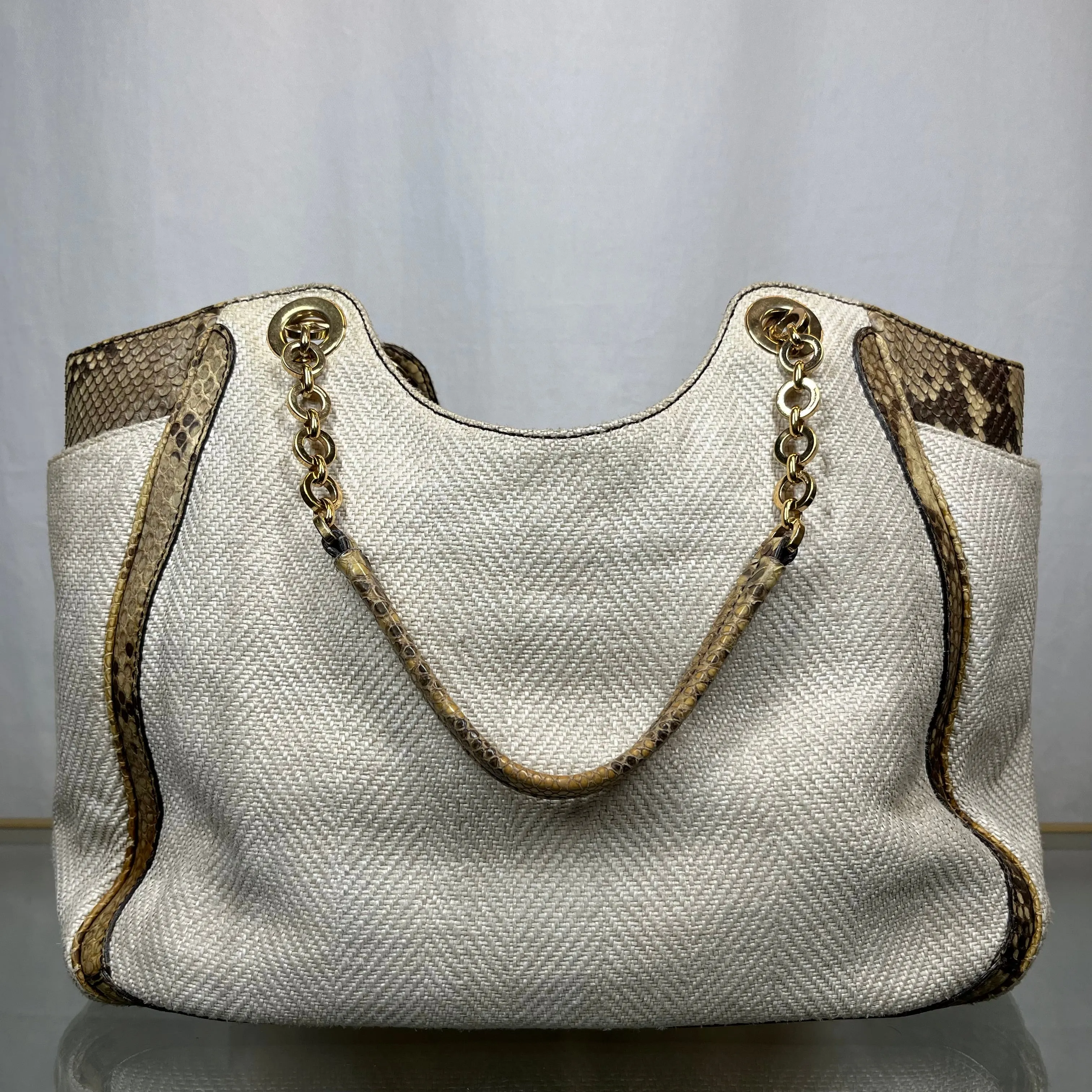 SALVATORE FERRAGAMO  Betulla Snakeskin/Canvas Shoulder Bag TS3734