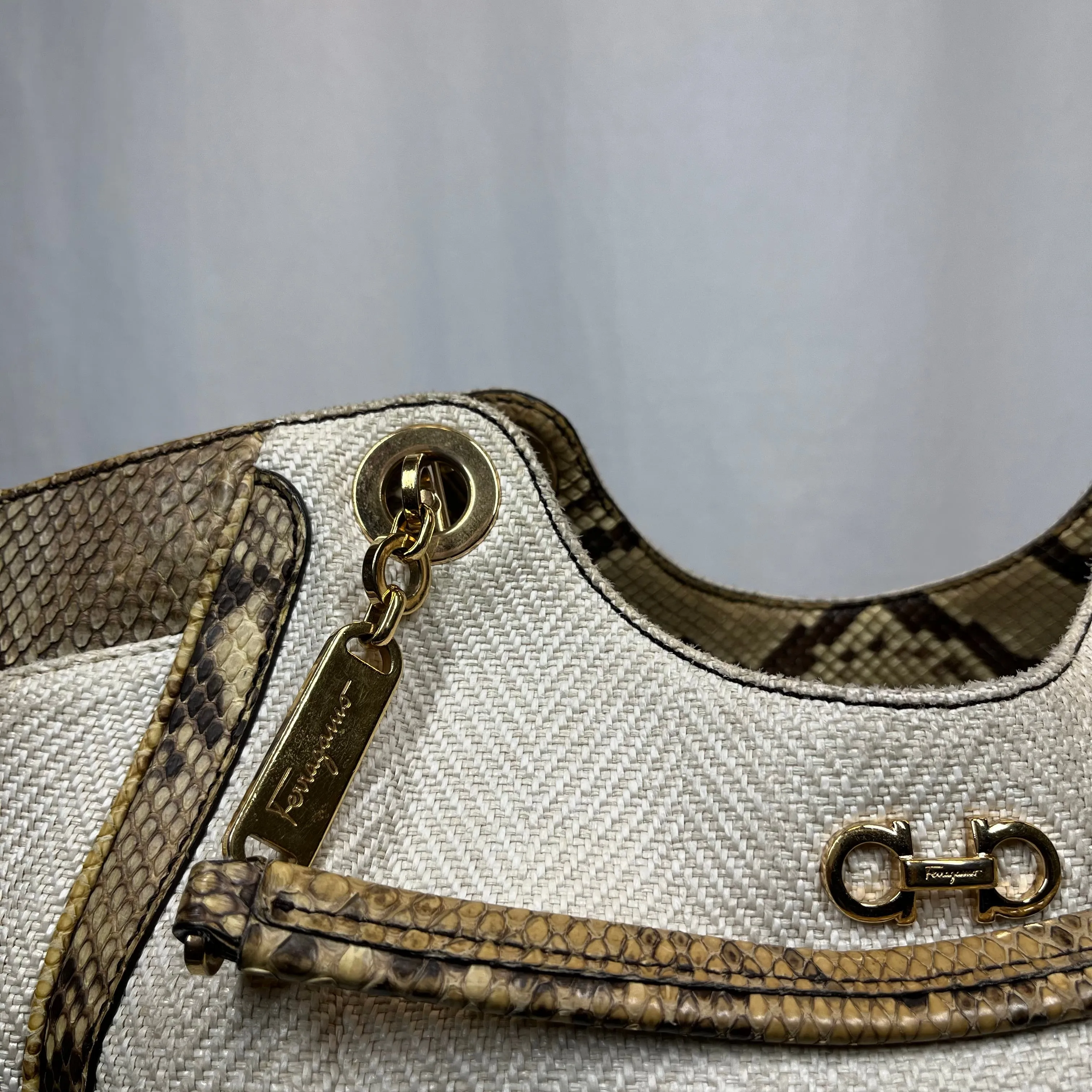 SALVATORE FERRAGAMO  Betulla Snakeskin/Canvas Shoulder Bag TS3734