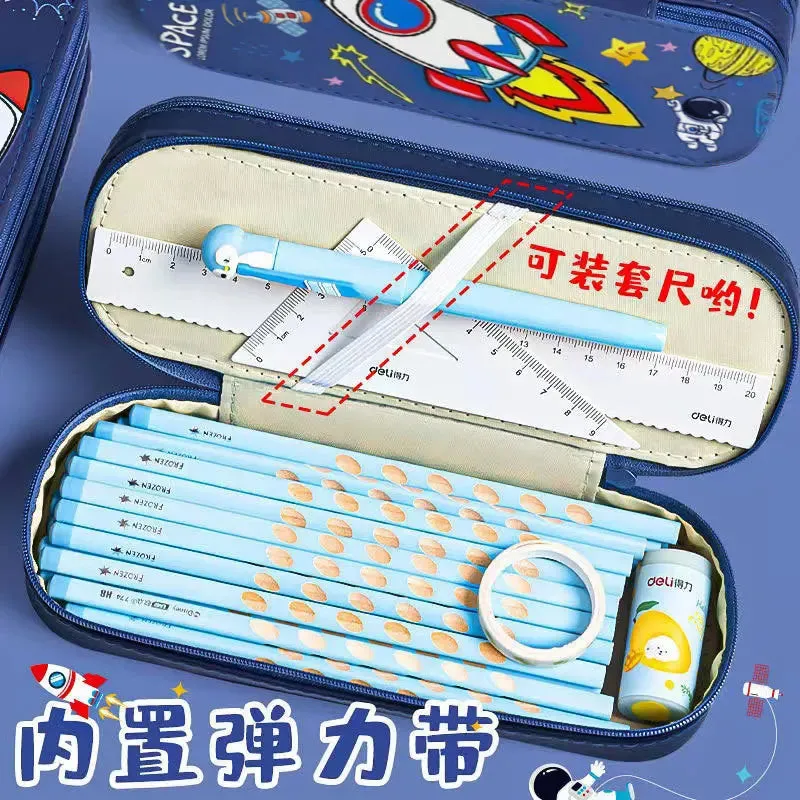 SINOTAO  -  Cute Double Layer High Capacity Space Pen Bag Classify and Organize Students' Pencil Rulers Cartoon Waterproof Stationery Box