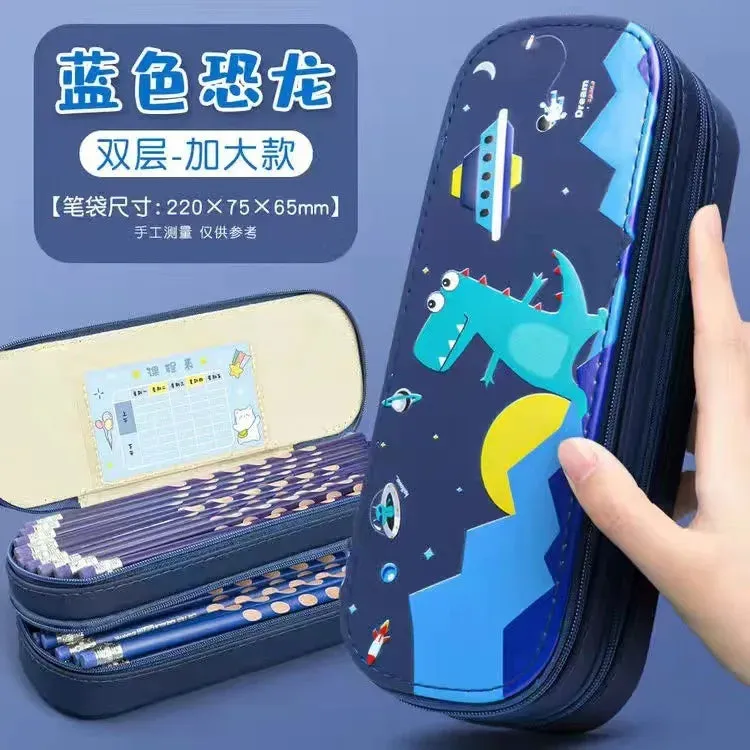 SINOTAO  -  Cute Double Layer High Capacity Space Pen Bag Classify and Organize Students' Pencil Rulers Cartoon Waterproof Stationery Box