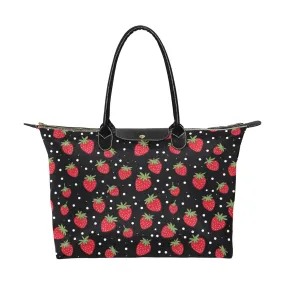 Strawberry Purse Handbag Women, Red Black Print Canvas and Leather Tote Cute Designer Accessory Bag Gift Ladies Purse