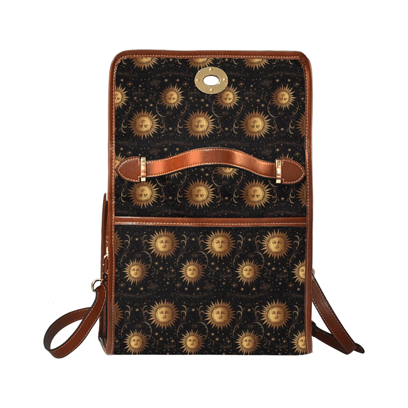 Sun Canvas Satchel bag, Retro Planets Space Stars Vintage Waterproof Brown Cute Women Crossed Body Purse Vegan Leather Strap Handbag