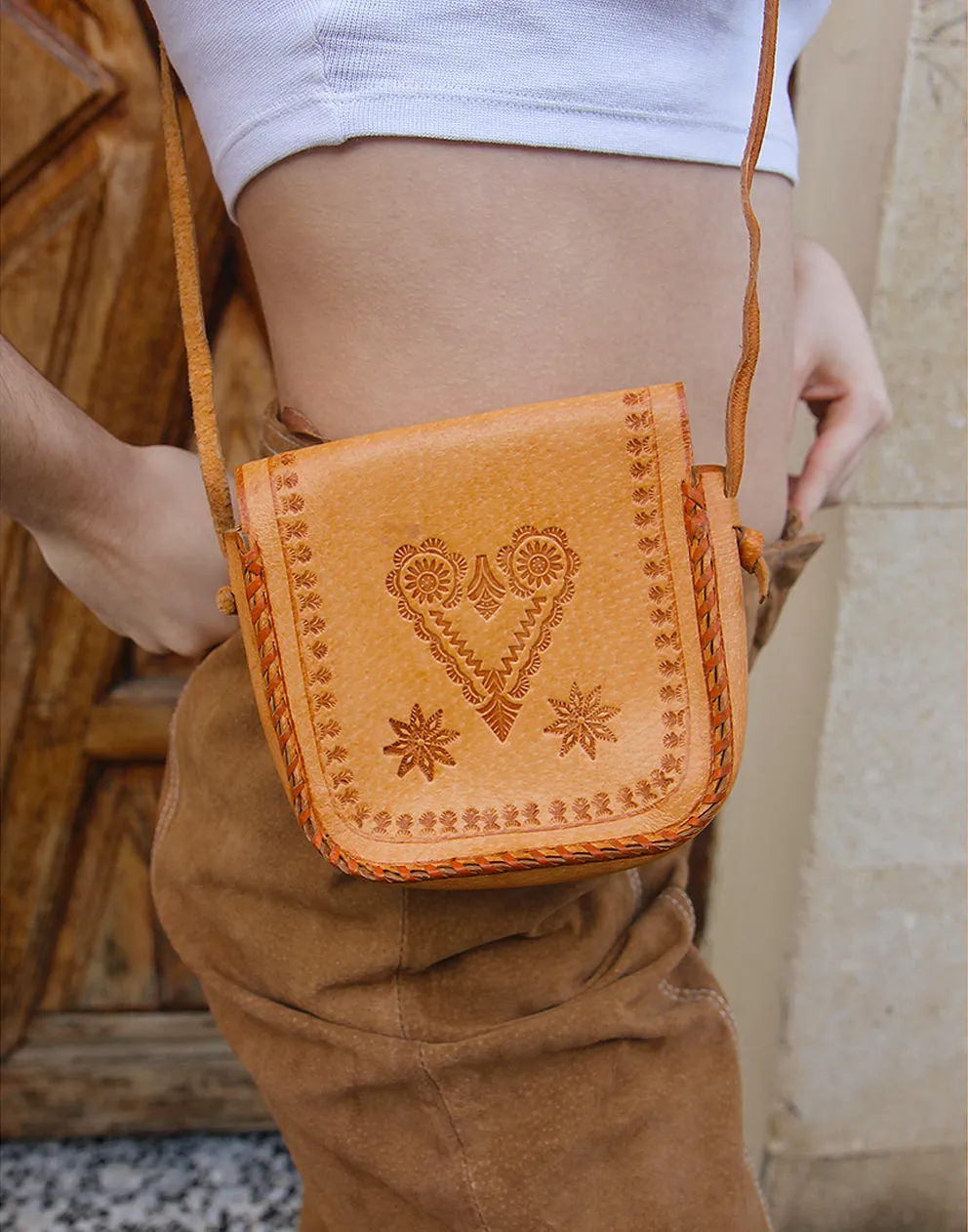 Tan Real Leather Bohemian Style Mini Handbag