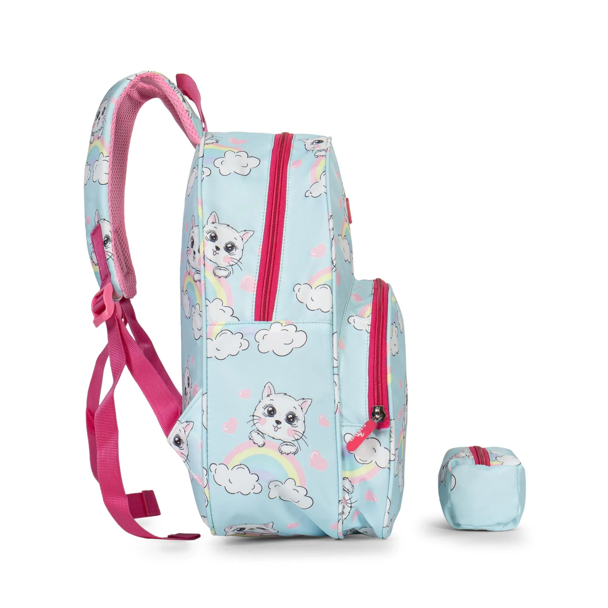 THE CLOWNFISH Cosmic Critters Series Printed Polyester 15 Litres Kids Backpack School Bag with Free Pencil Staionery Pouch Daypack Picnic Bag for Tiny Tots Of Age 5-7 Years (Blue - Kitty)