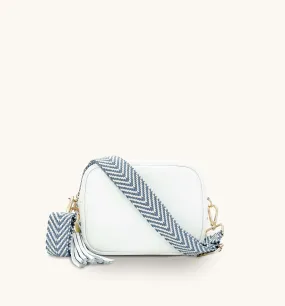 The Tassel White Leather Crossbody Bag With Denim Blue Chevron Strap