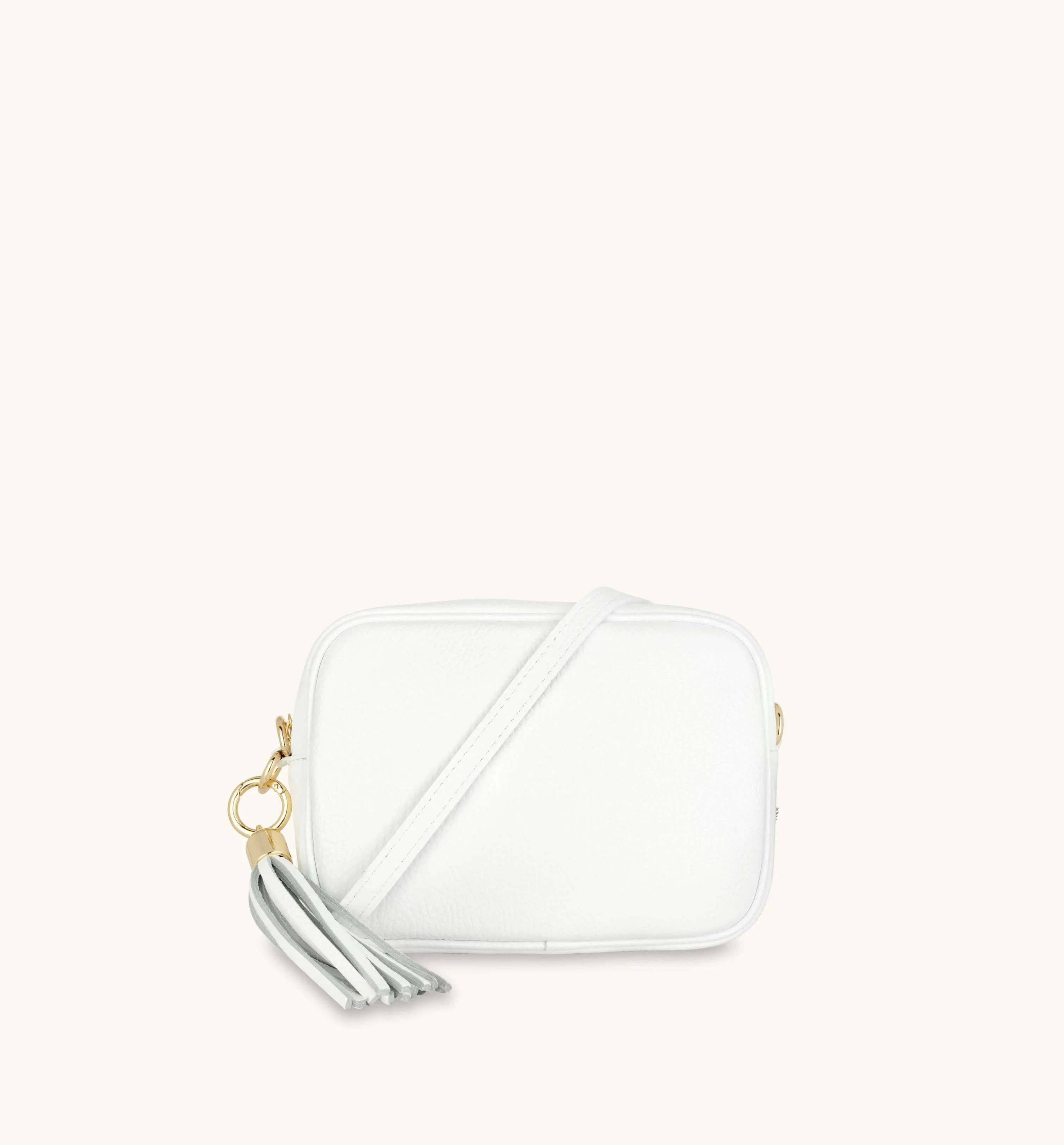 The Tassel White Leather Crossbody Bag With Denim Blue Chevron Strap