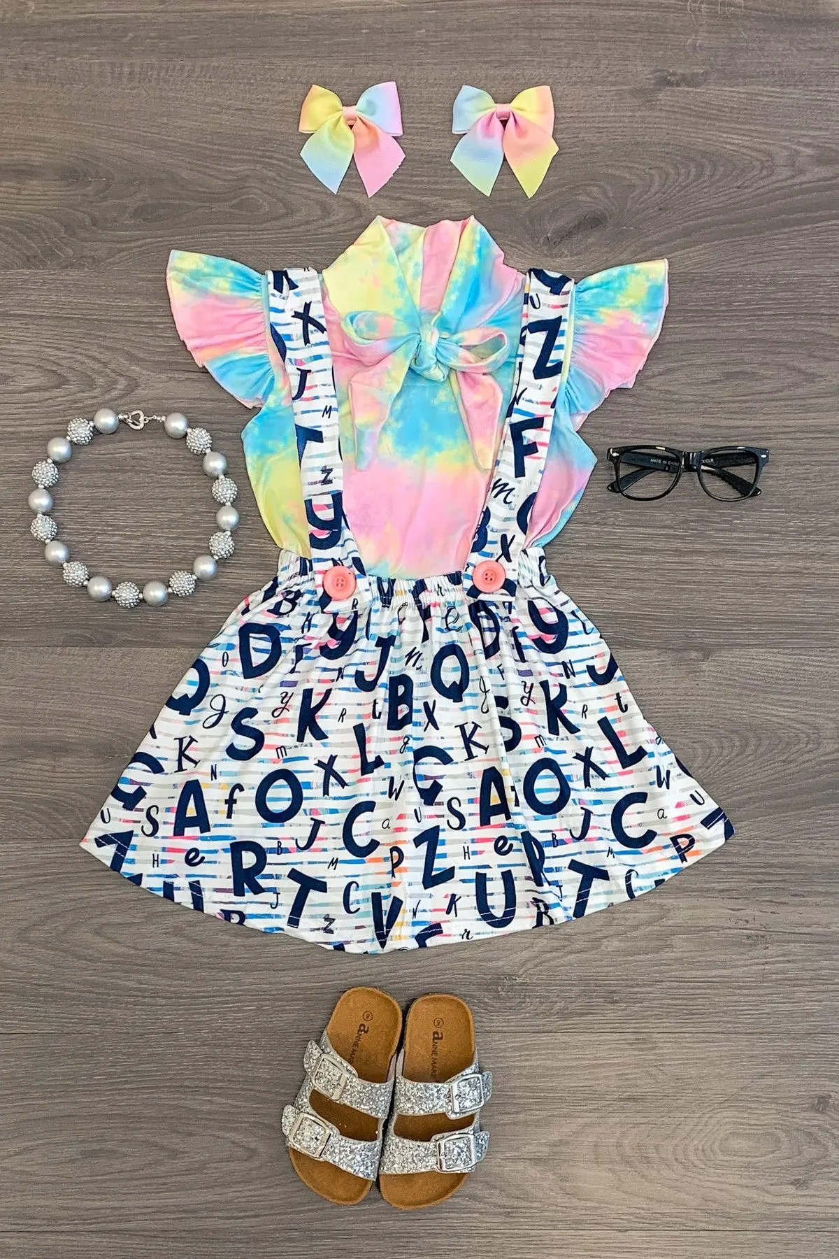 Tie Dye Alphabet Suspender Skirt Set