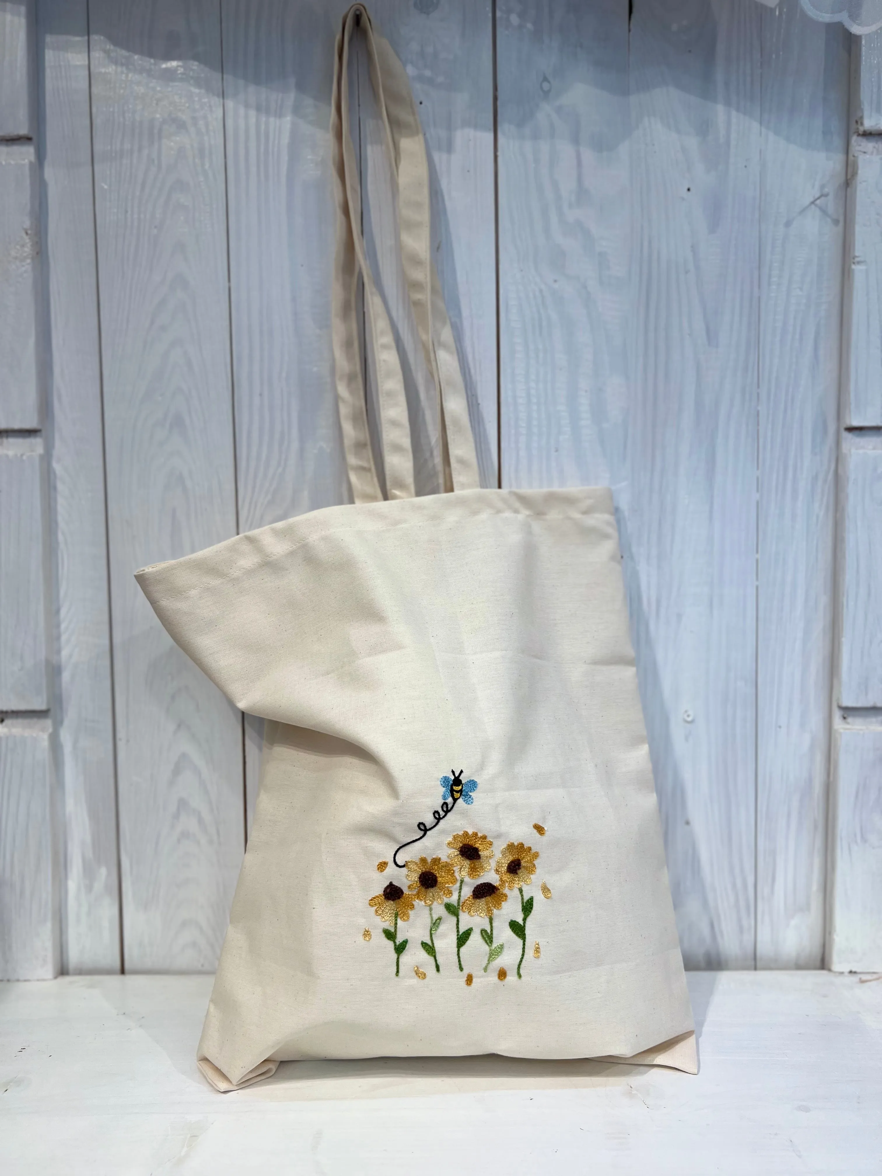 Tote Bag con Girasoli e Ape - Tote Bag Ricamo fiore apina - Shopper Bag Ricamata