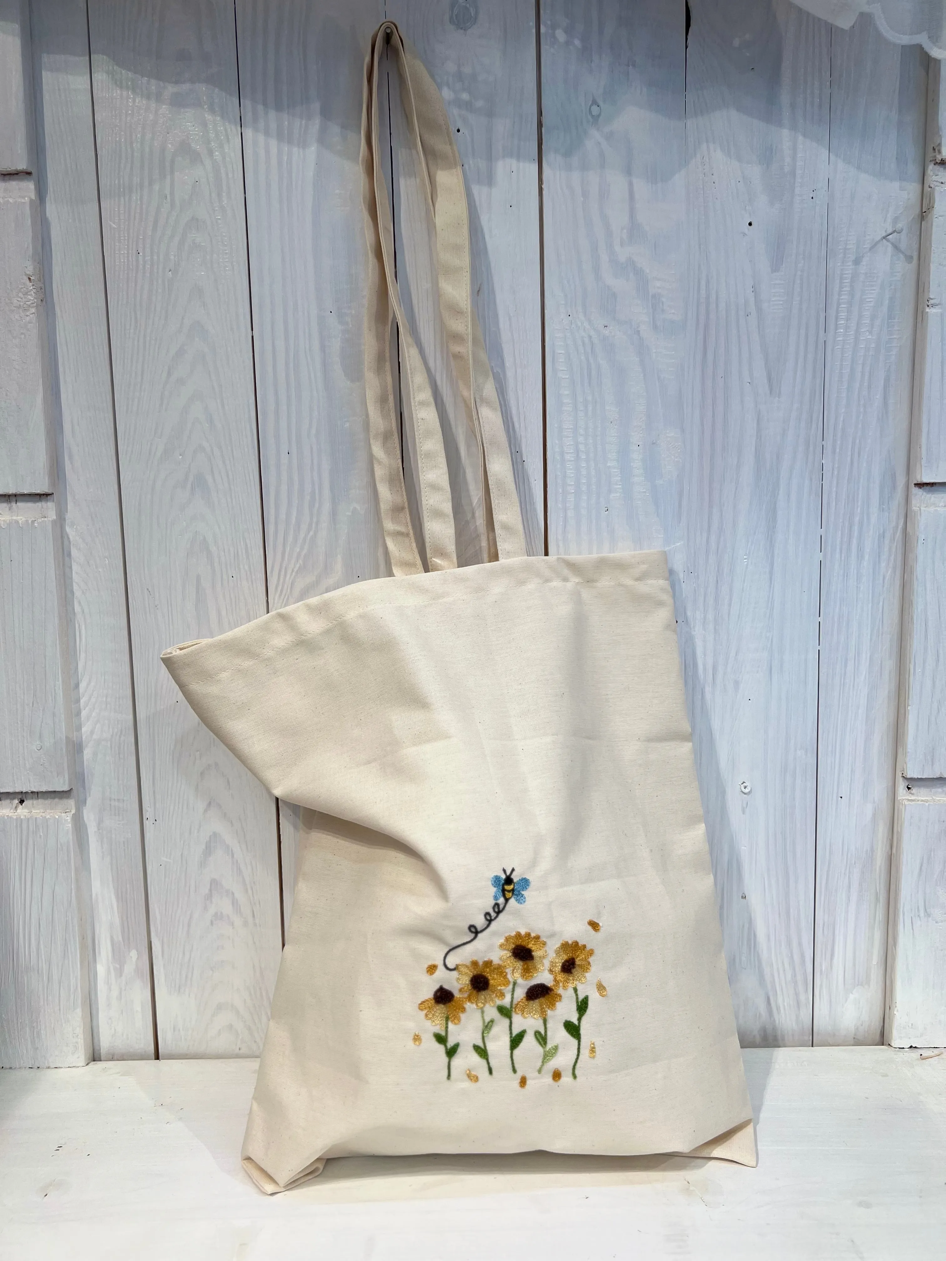 Tote Bag con Girasoli e Ape - Tote Bag Ricamo fiore apina - Shopper Bag Ricamata