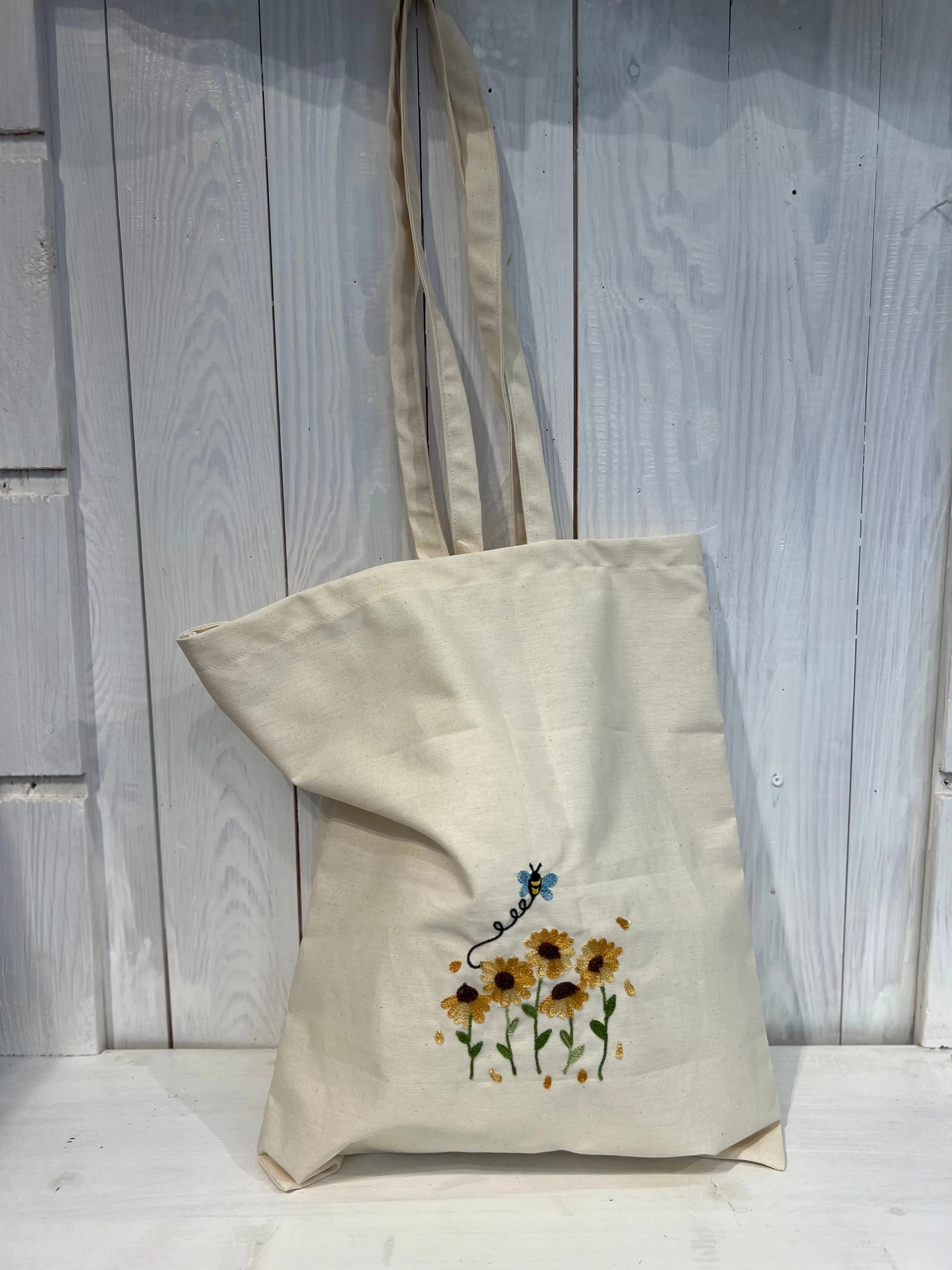 Tote Bag con Girasoli e Ape - Tote Bag Ricamo fiore apina - Shopper Bag Ricamata