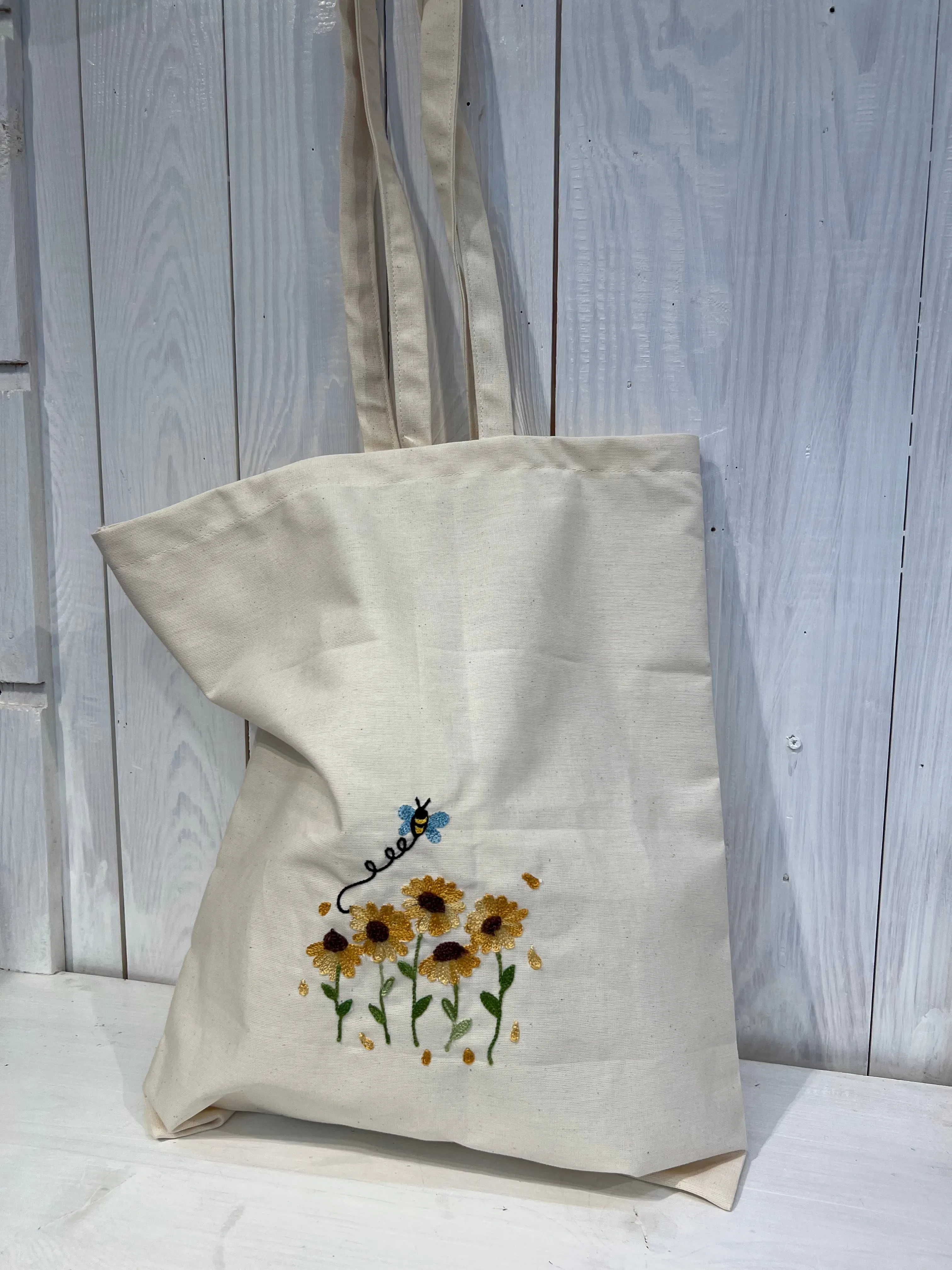 Tote Bag con Girasoli e Ape - Tote Bag Ricamo fiore apina - Shopper Bag Ricamata