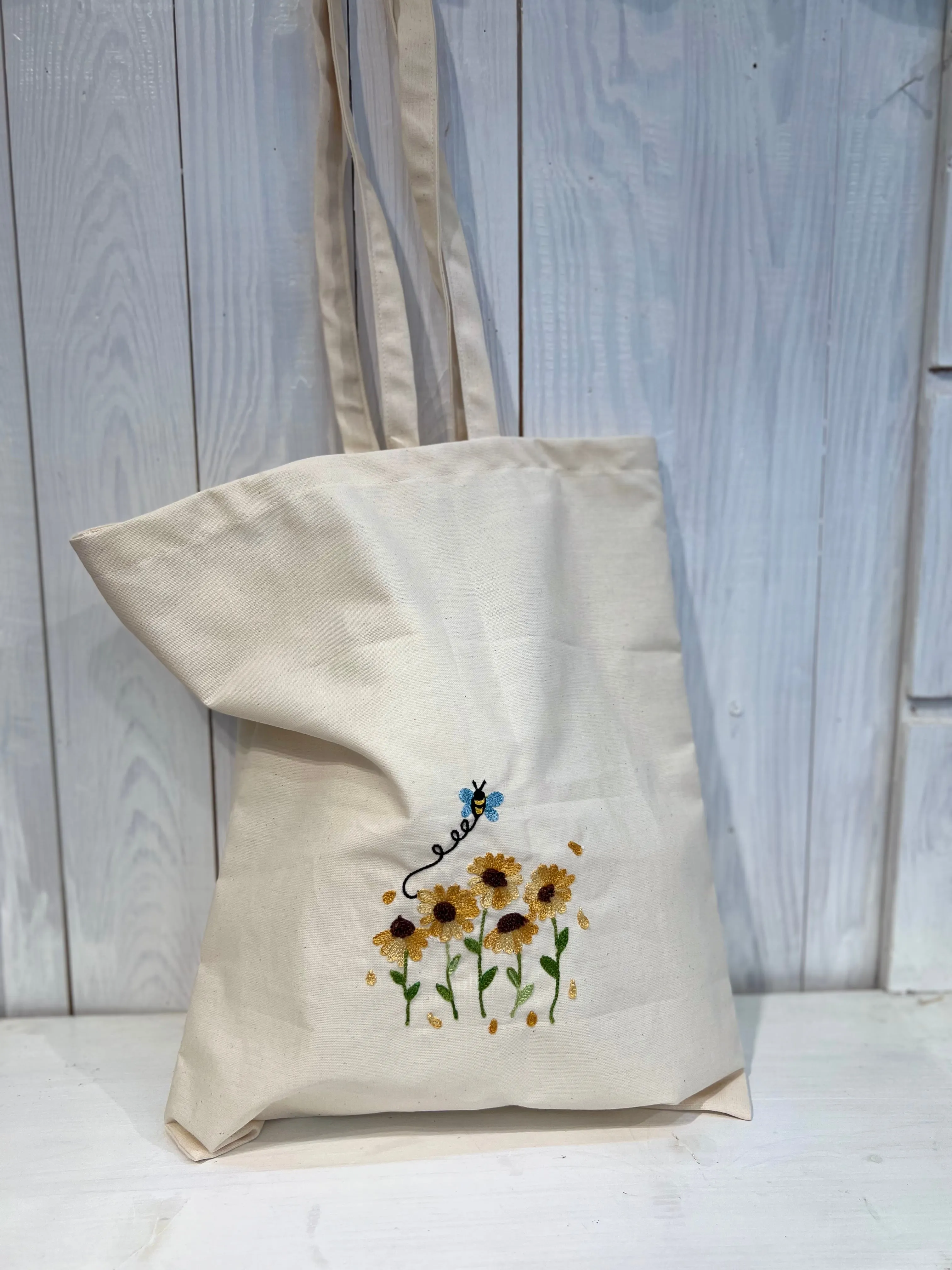 Tote Bag con Girasoli e Ape - Tote Bag Ricamo fiore apina - Shopper Bag Ricamata