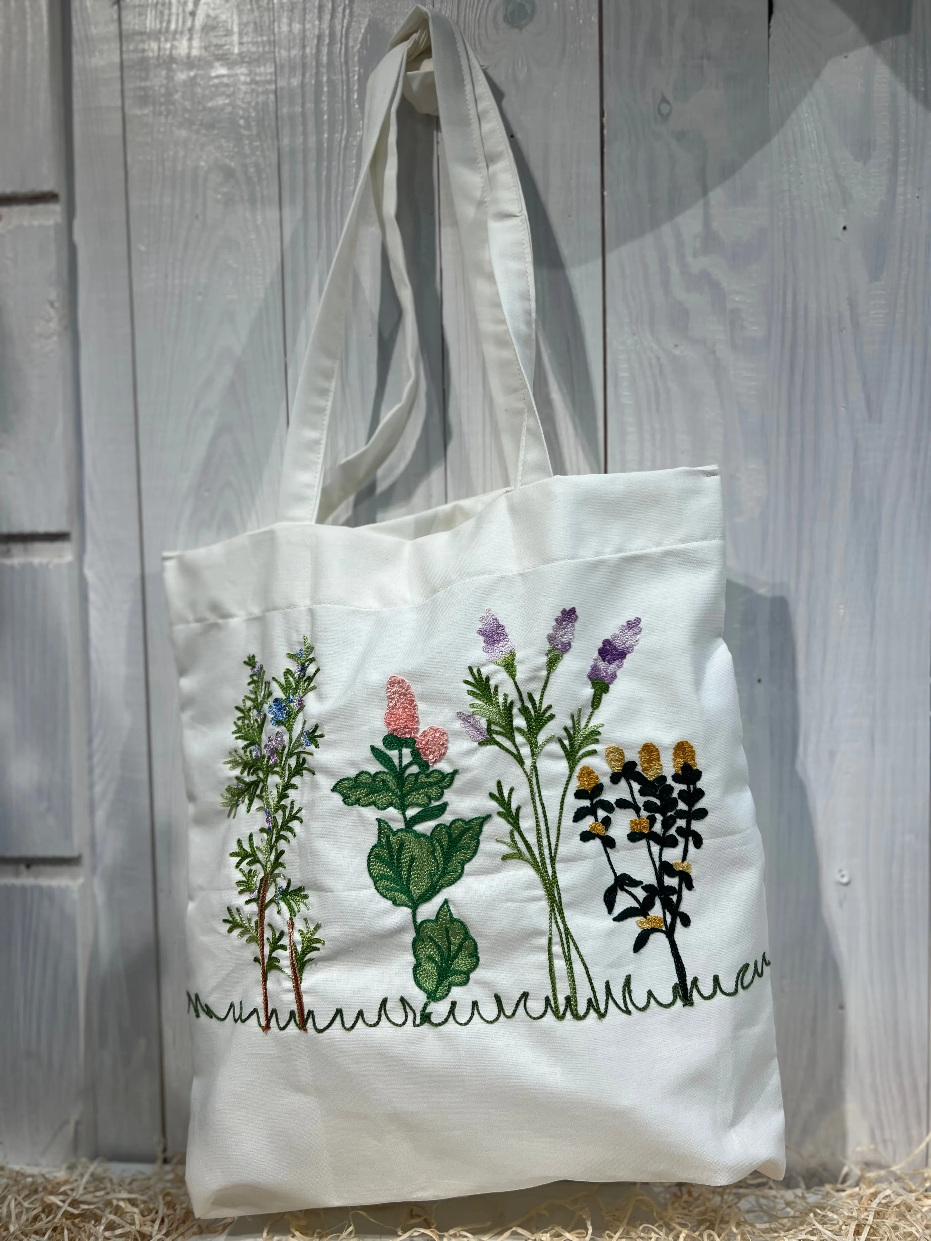 Tote Bag Floreale Country Chic - con Ricamo Erbe aromatiche - Pezzo unico