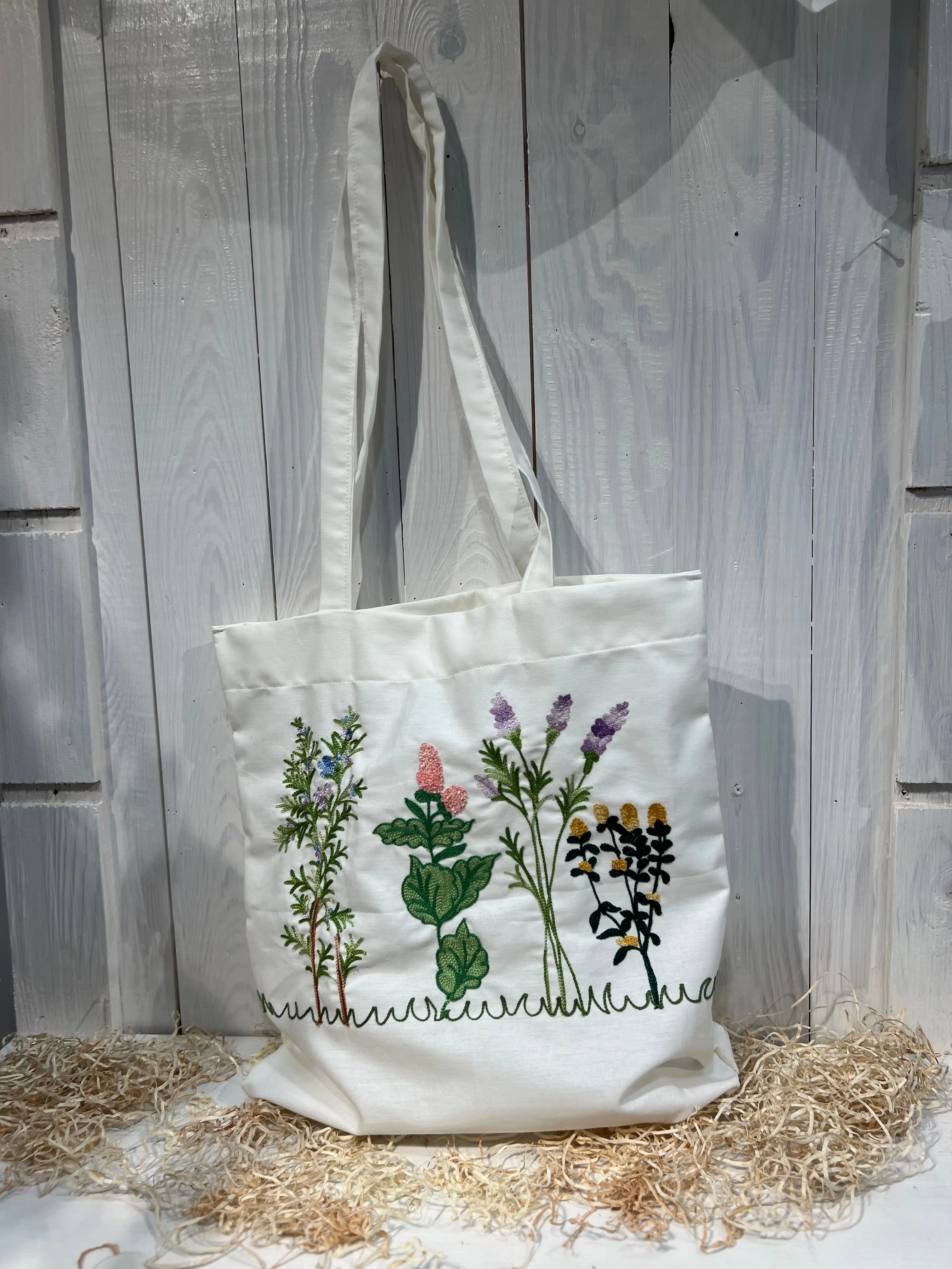 Tote Bag Floreale Country Chic - con Ricamo Erbe aromatiche - Pezzo unico