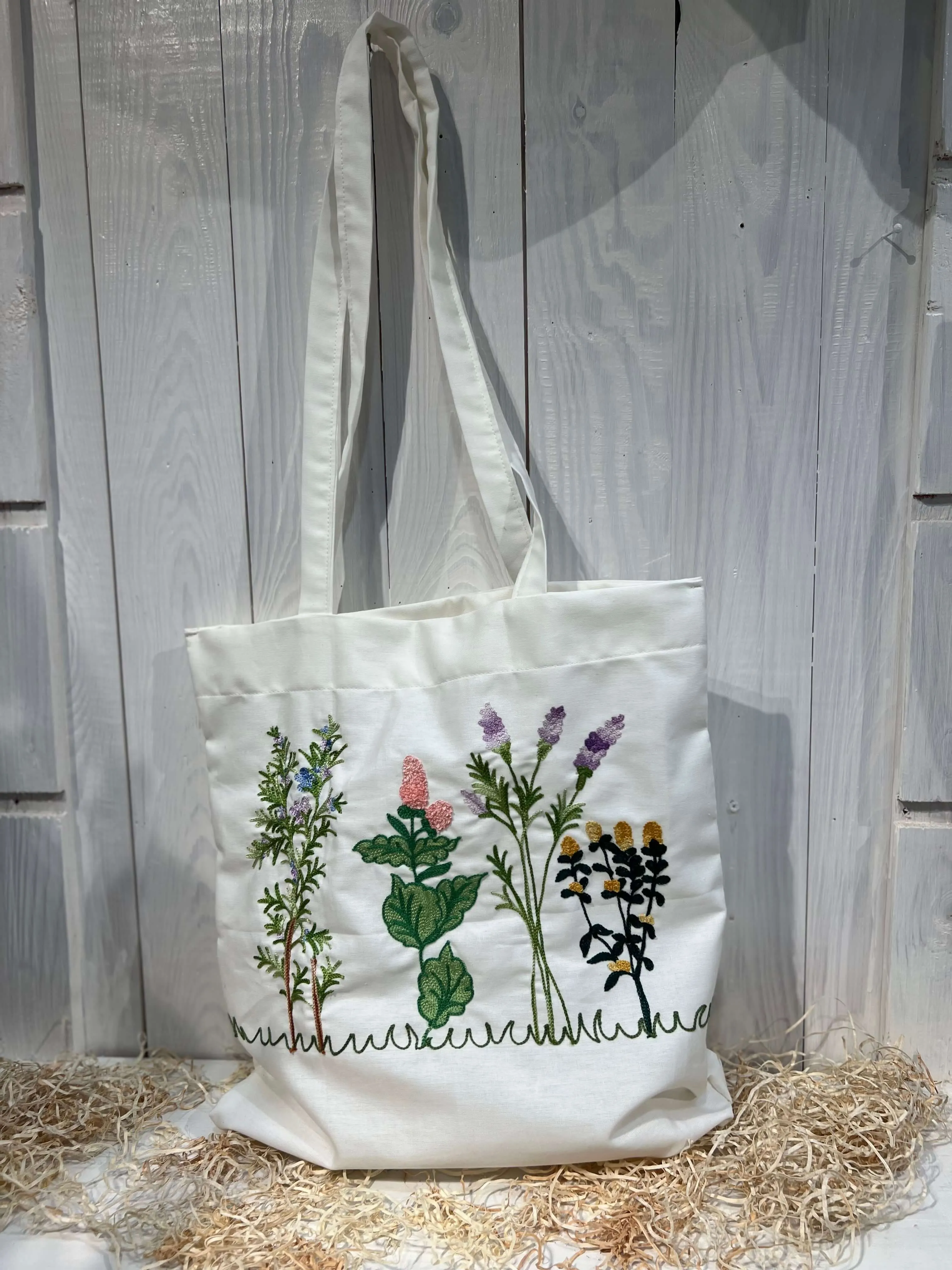 Tote Bag Floreale Country Chic - con Ricamo Erbe aromatiche - Pezzo unico