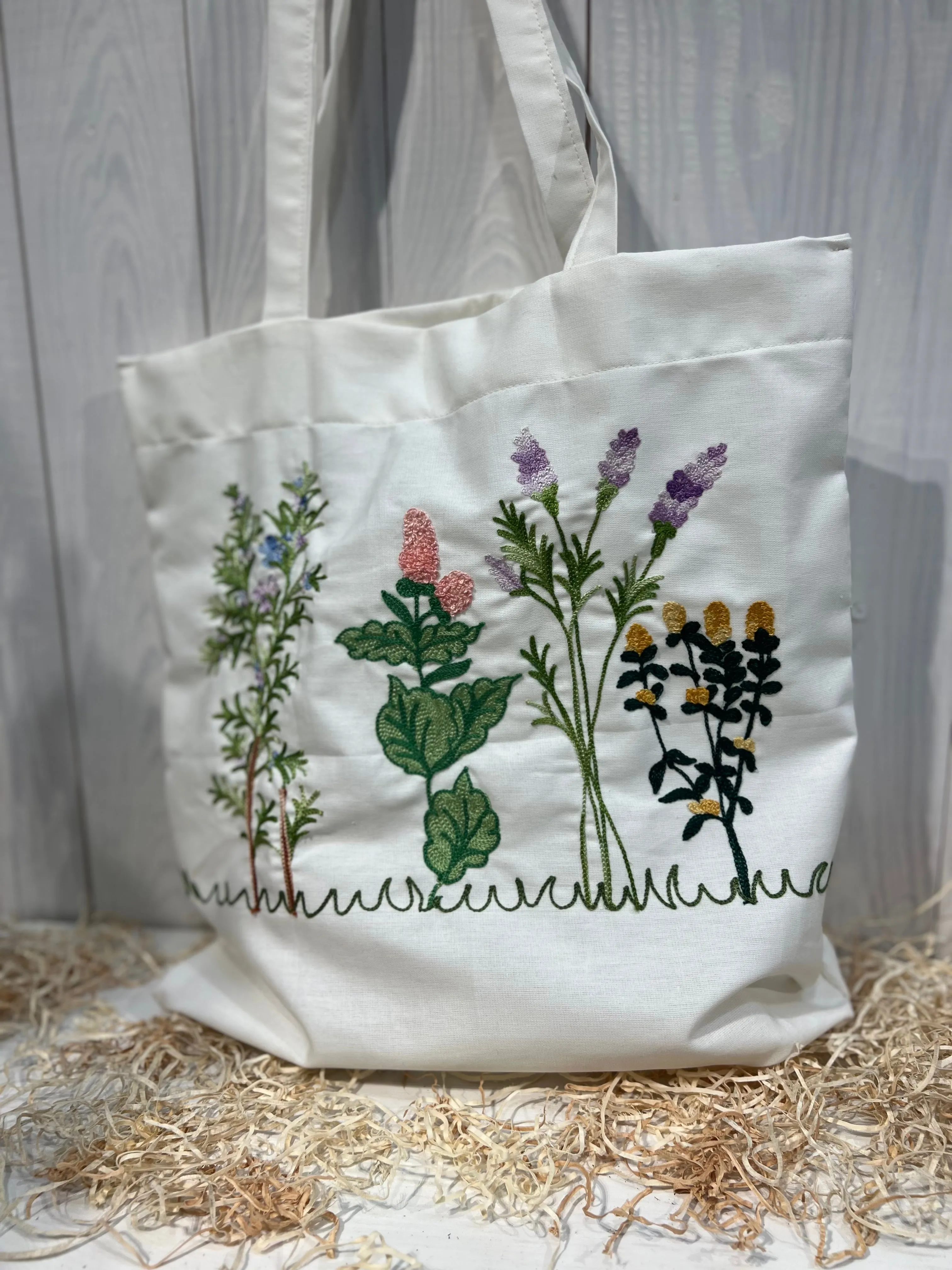 Tote Bag Floreale Country Chic - con Ricamo Erbe aromatiche - Pezzo unico