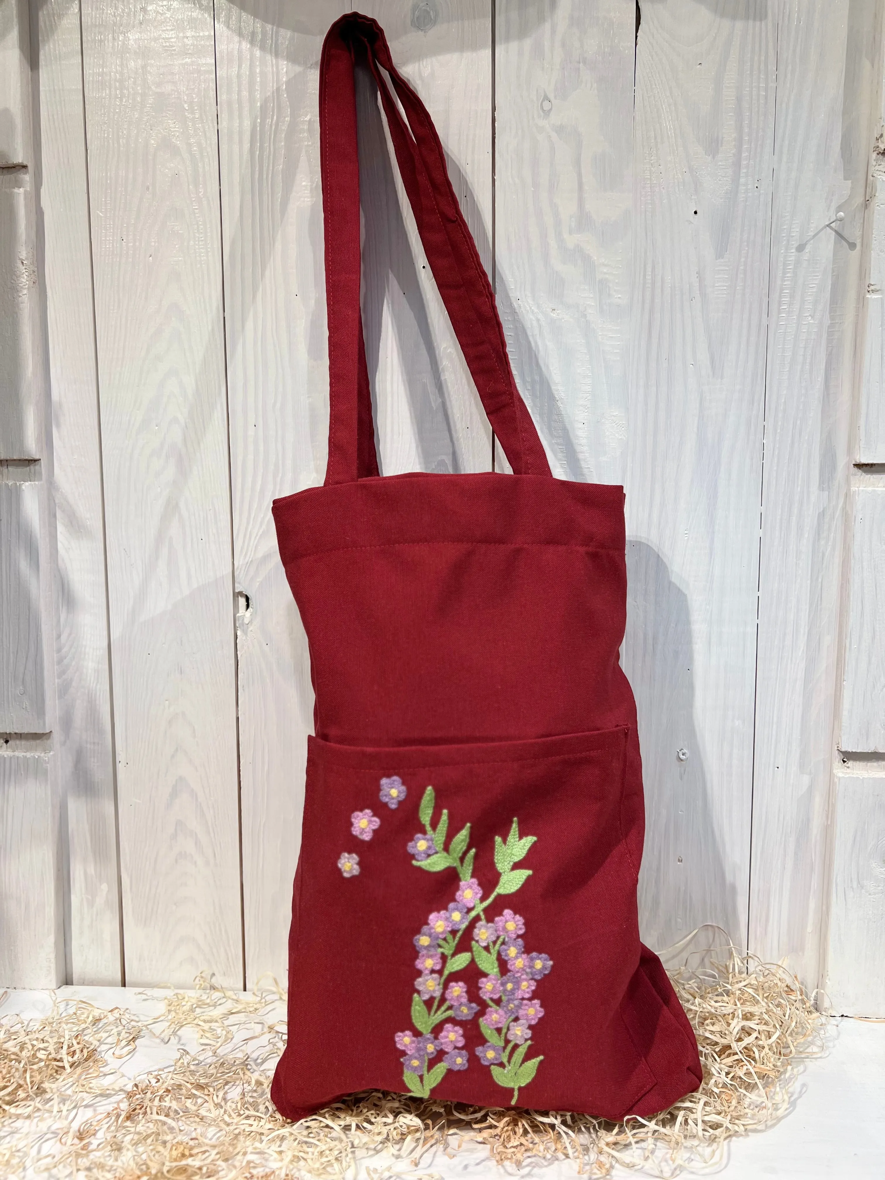 Tote Bag Floreale Rossa con tasca - Ricamo a Fiori - Pezzo Unico