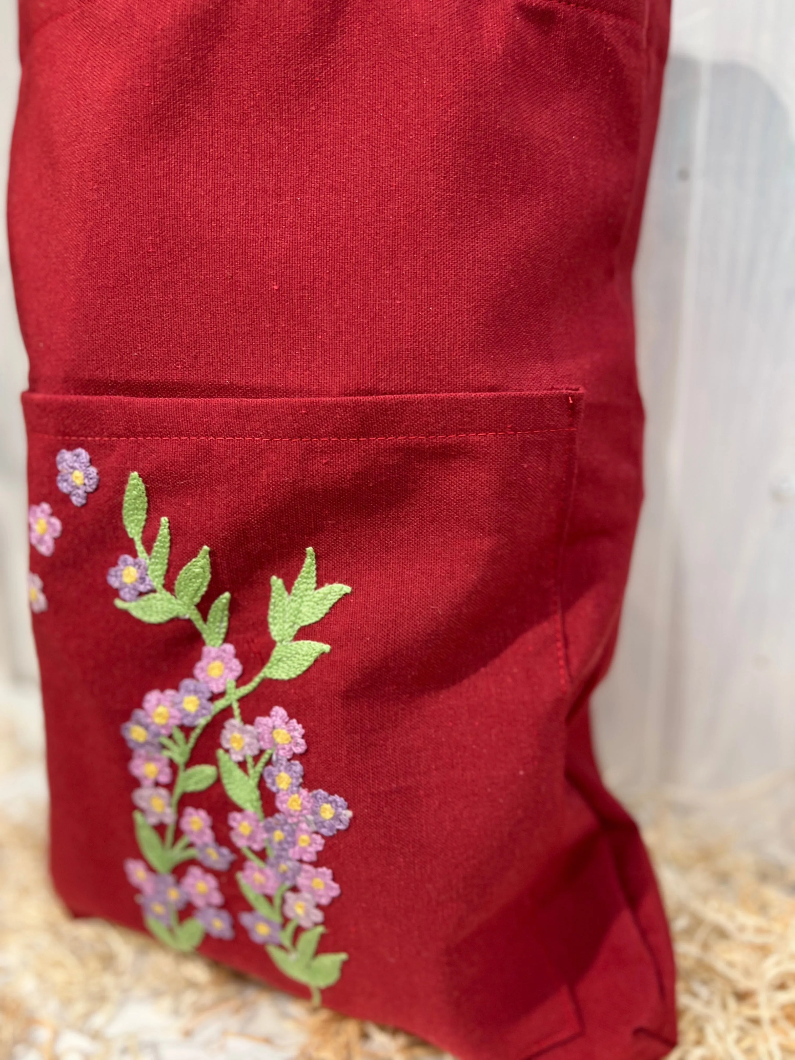 Tote Bag Floreale Rossa con tasca - Ricamo a Fiori - Pezzo Unico