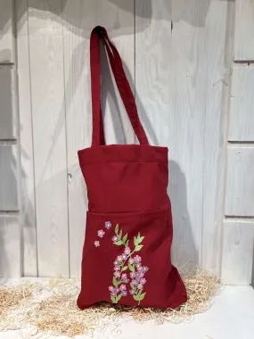 Tote Bag Floreale Rossa con tasca - Ricamo a Fiori - Pezzo Unico