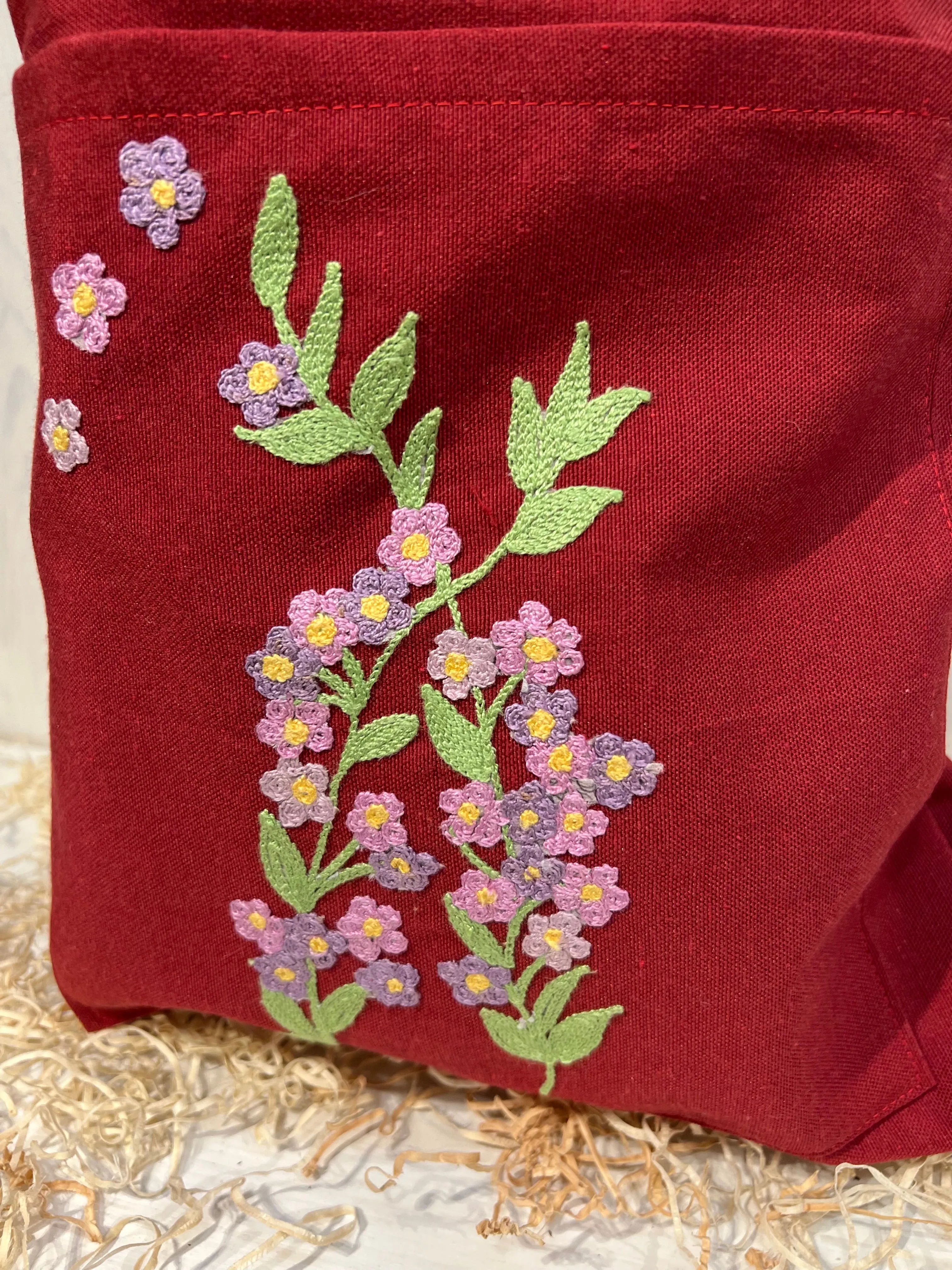 Tote Bag Floreale Rossa con tasca - Ricamo a Fiori - Pezzo Unico