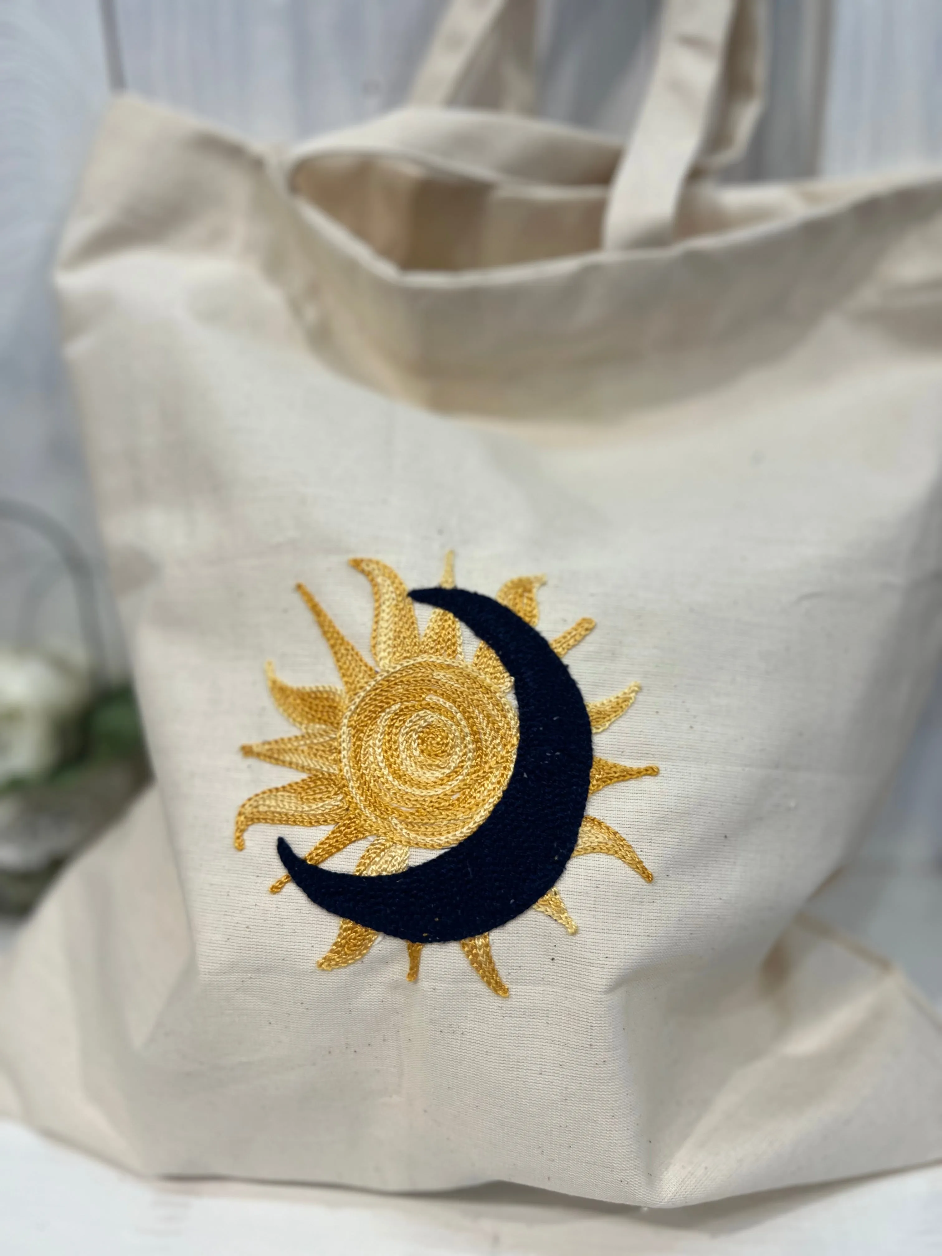 Tote Bag ricamata con sole e luna -  Tote Bag - Shopper bag - Tote Bag ricamata - Shopper bag ricamata - Sole e Luna