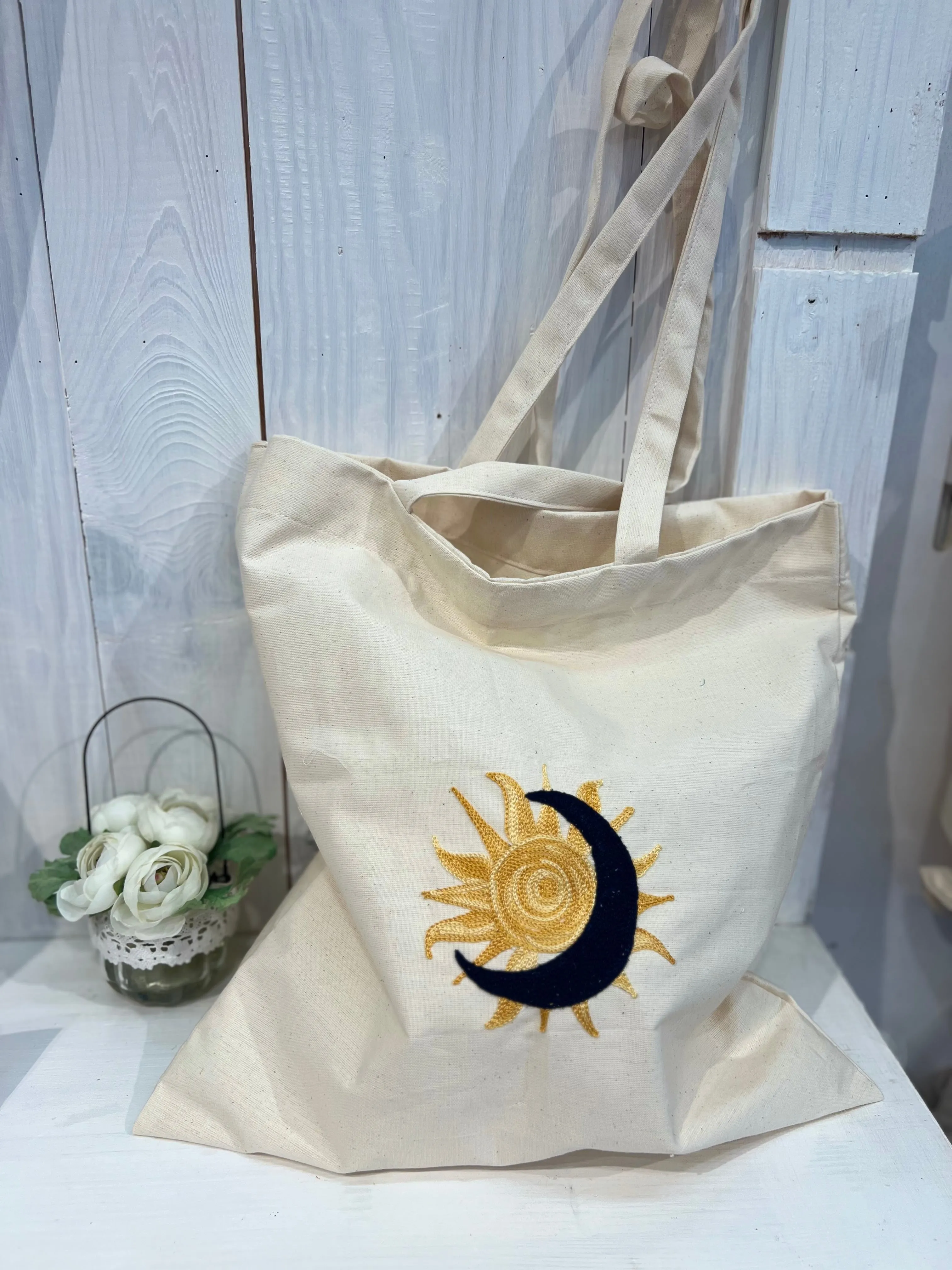 Tote Bag ricamata con sole e luna -  Tote Bag - Shopper bag - Tote Bag ricamata - Shopper bag ricamata - Sole e Luna