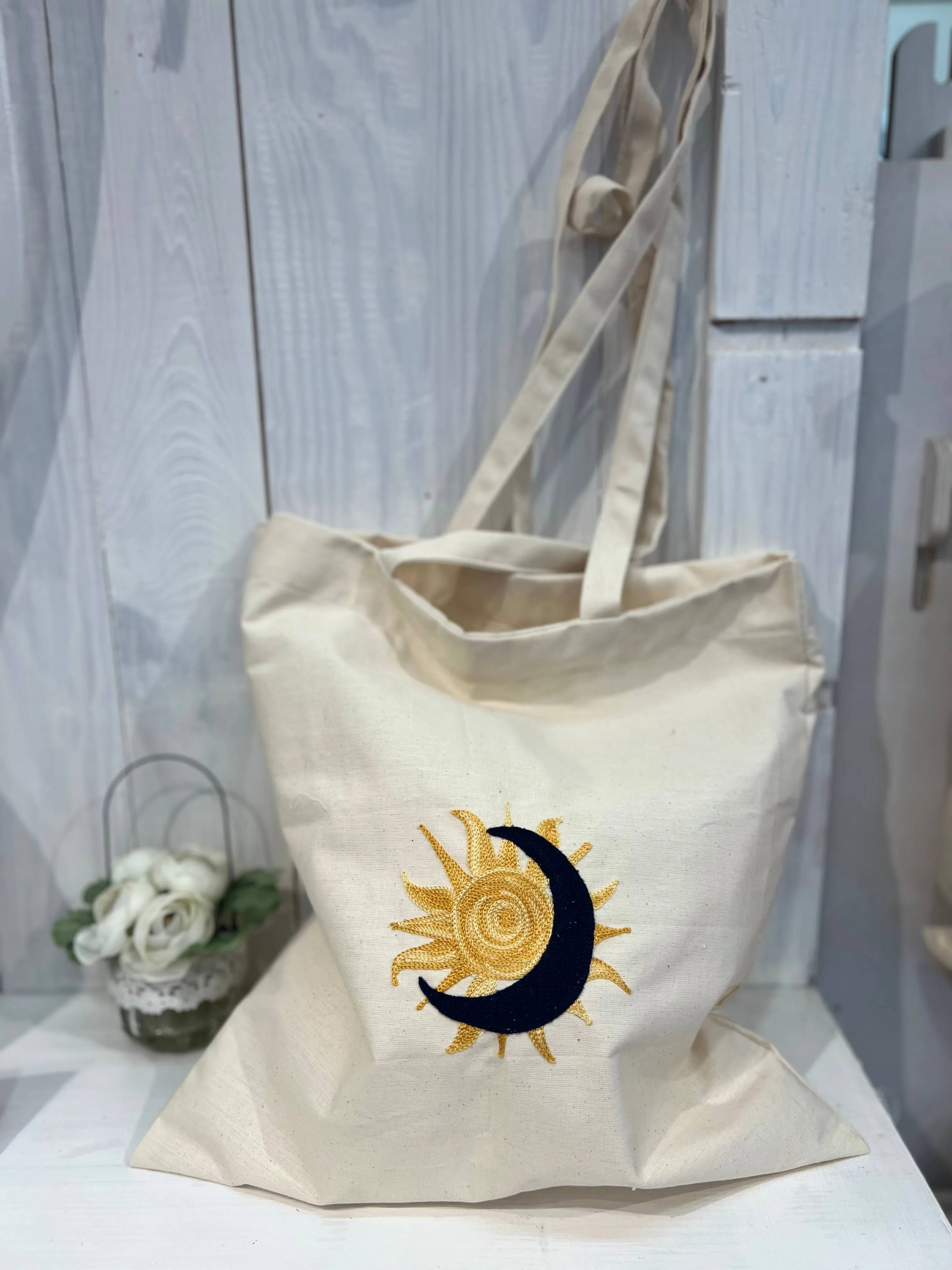 Tote Bag ricamata con sole e luna -  Tote Bag - Shopper bag - Tote Bag ricamata - Shopper bag ricamata - Sole e Luna