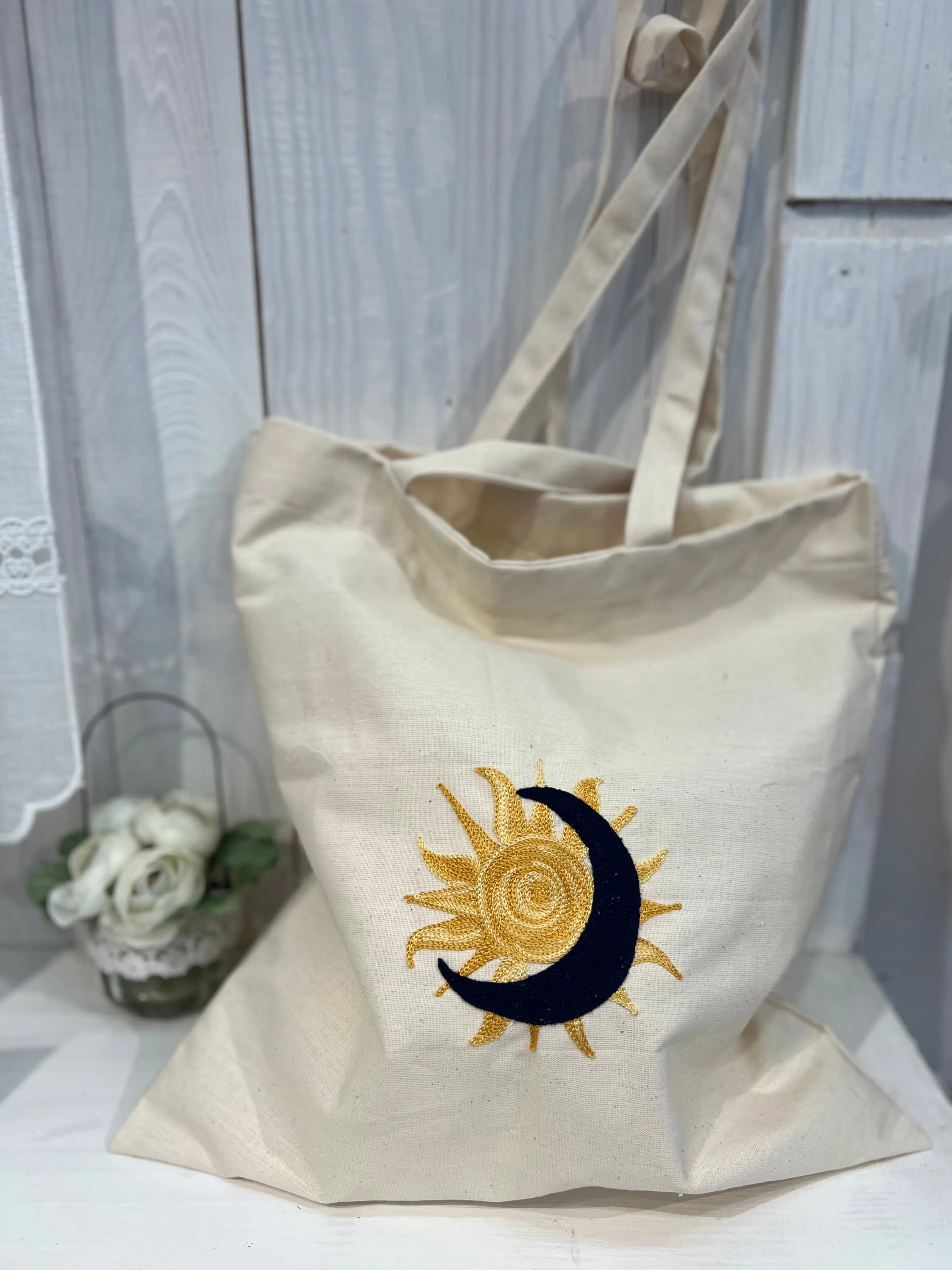 Tote Bag ricamata con sole e luna -  Tote Bag - Shopper bag - Tote Bag ricamata - Shopper bag ricamata - Sole e Luna