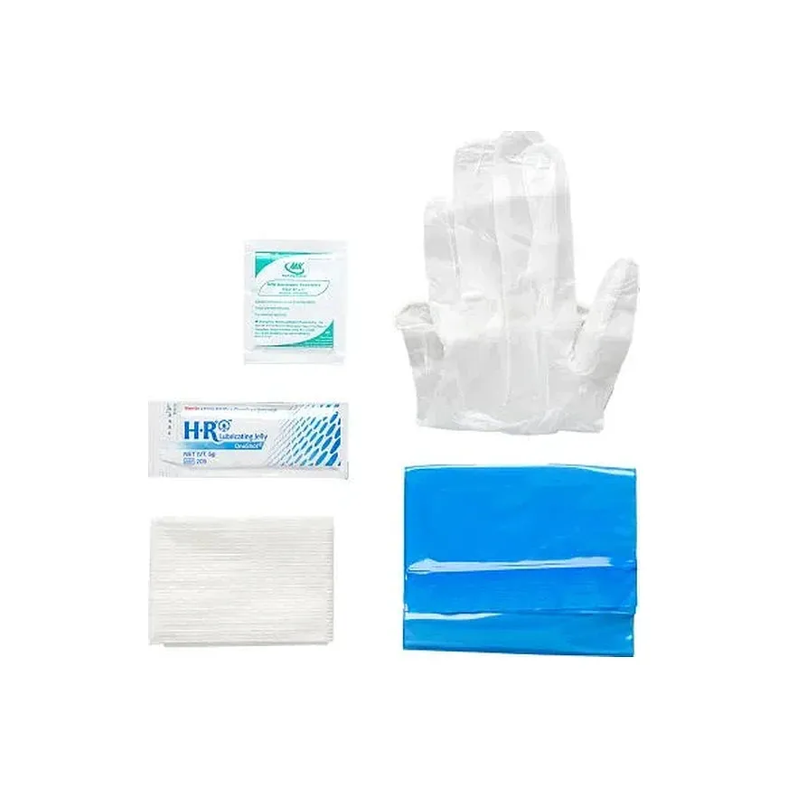 TruCath Intermittent Catheter Insertion Kit. Vinyl PF Gloves, 5g Lube Jelly Packet, BZK wipe, Underpad and Drainage Bag with connector.