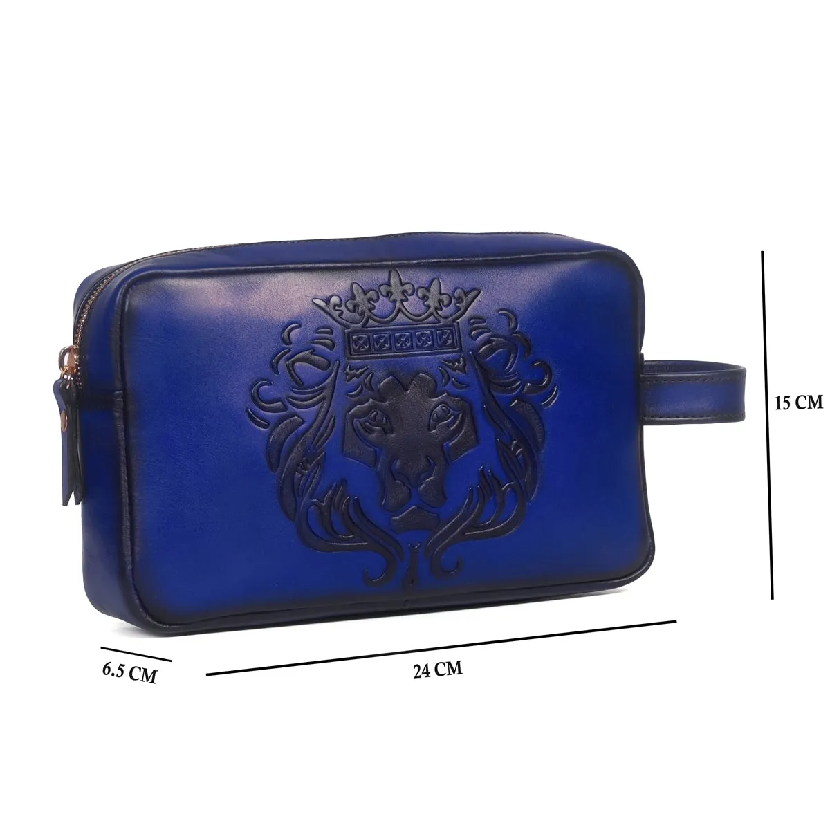 Unisex Blue Genuine Leather Embossed Lion Slim Kit Bag for Travel by Brune & Bareskin