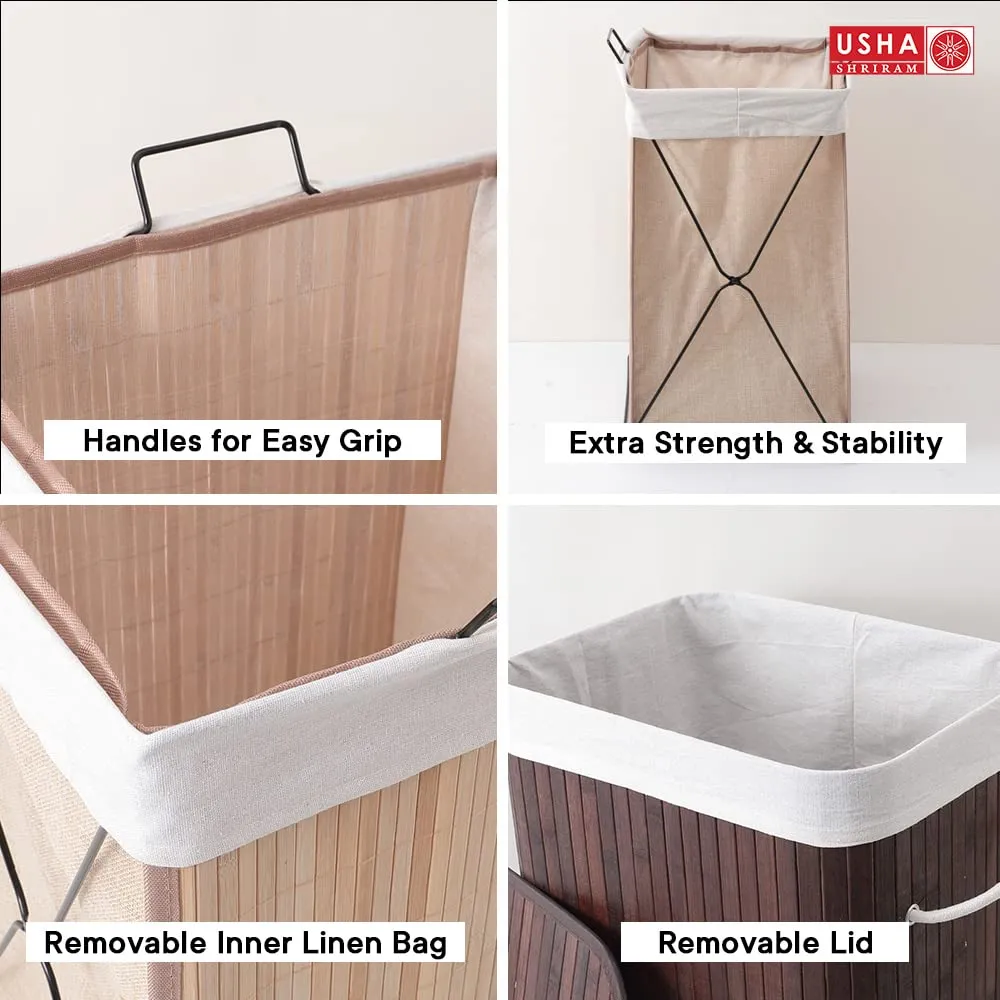 USHA SHRIRAM Foldable Fabric Laundry Basket | Sustainable & Eco-Friendly | Travel Essential | Washbale Laundry Basket (40cmx30cmx60cm) | Easy To Carry | Beige (1 Pcs, Bag)