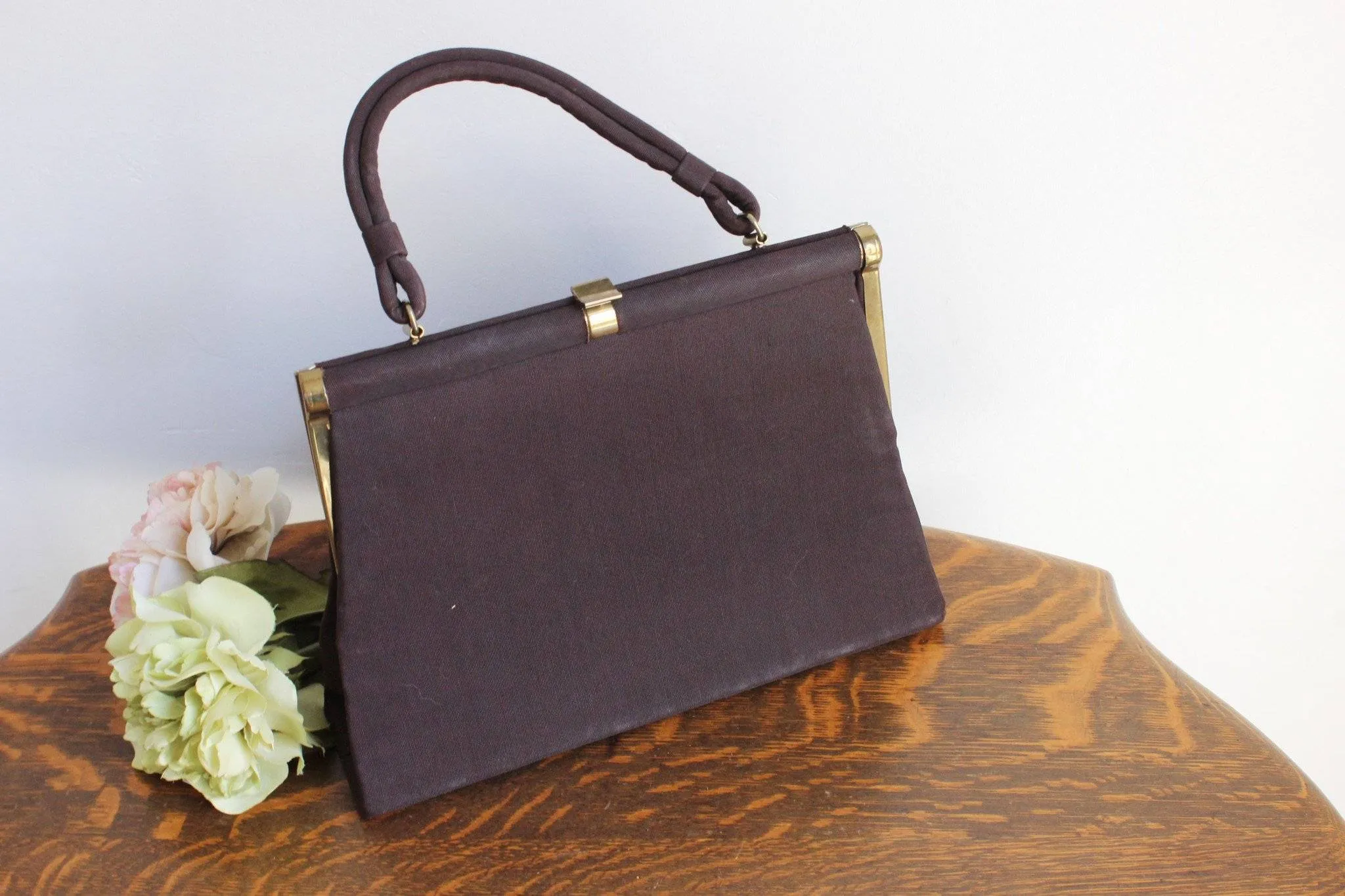 Vintage 1950s 1960s Brown Faille Dover HandBag