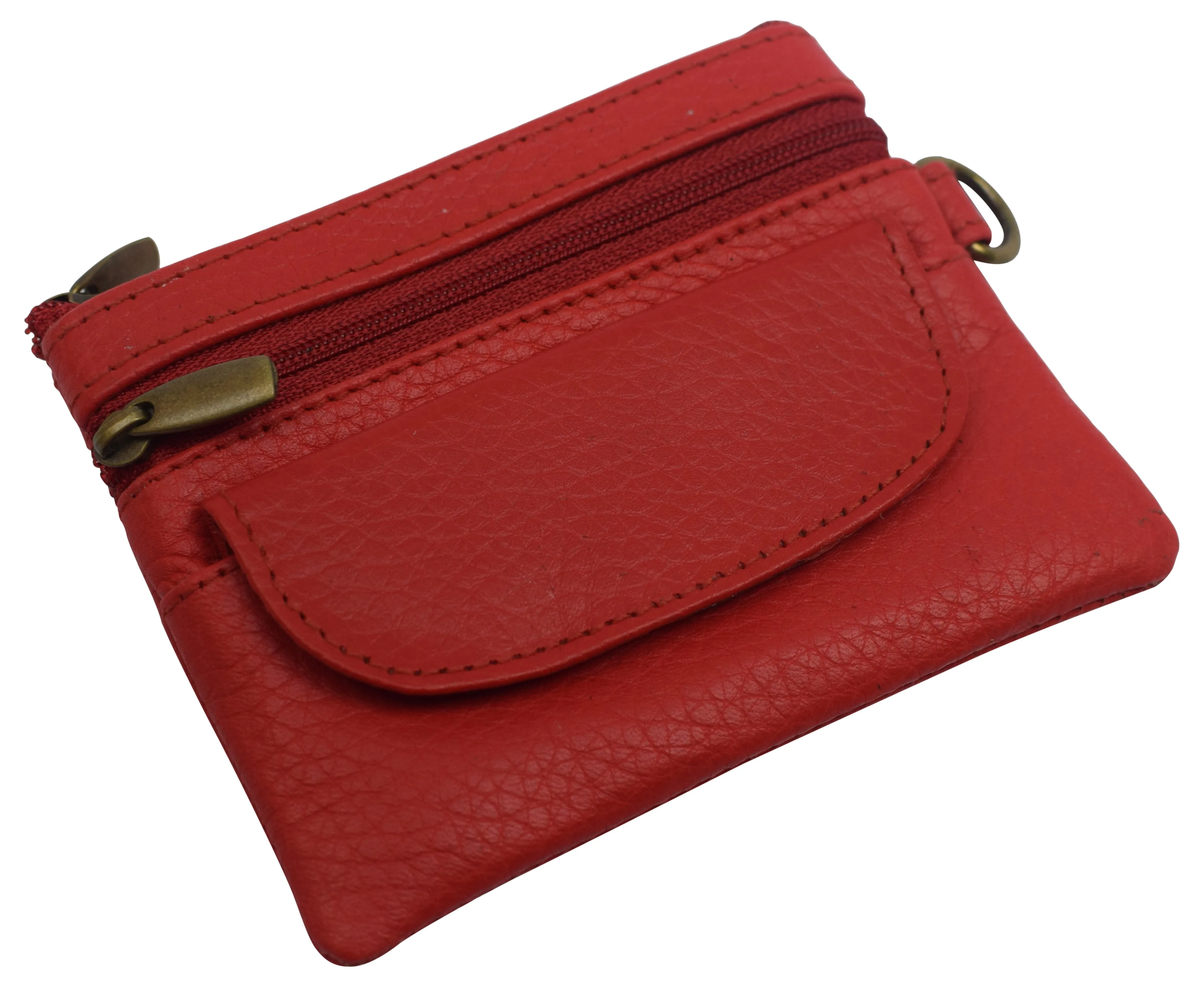 Women Genuine Leather Triple Zipper Small Wallet Change Coin Purse Holder with Front Snap Pocket