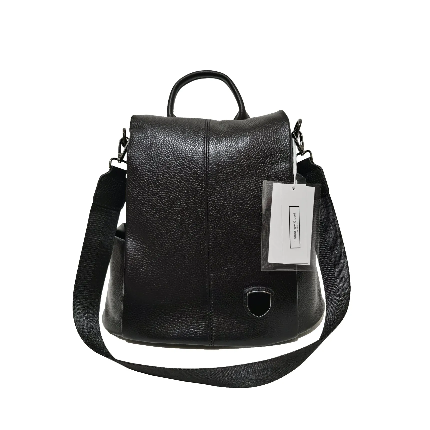 Women's cowhide leather Flap design anti theft backpack